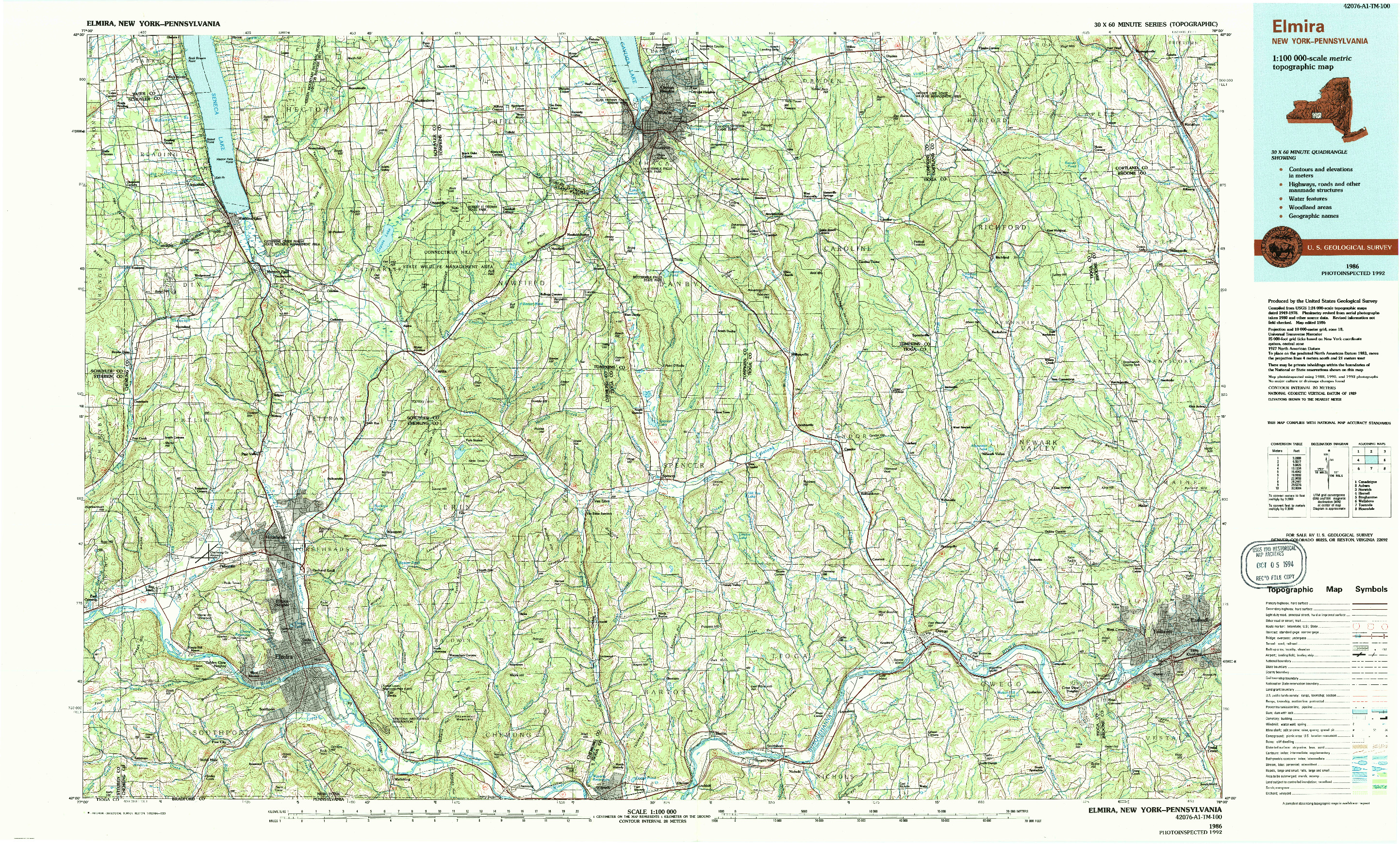 USGS 1:100000-SCALE QUADRANGLE FOR ELMIRA, NY 1992
