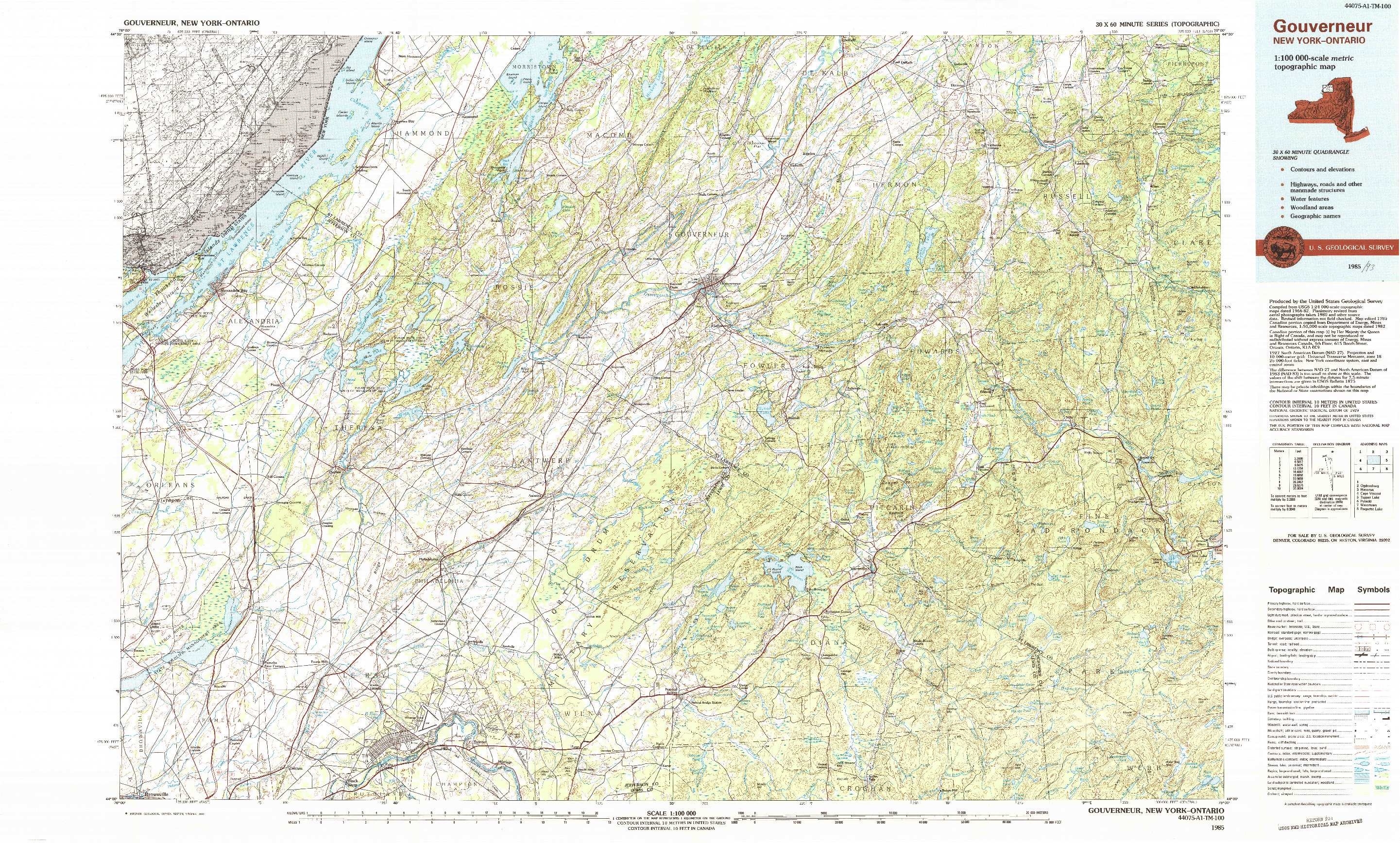 USGS 1:100000-SCALE QUADRANGLE FOR GOUVERNEUR, NY 1985