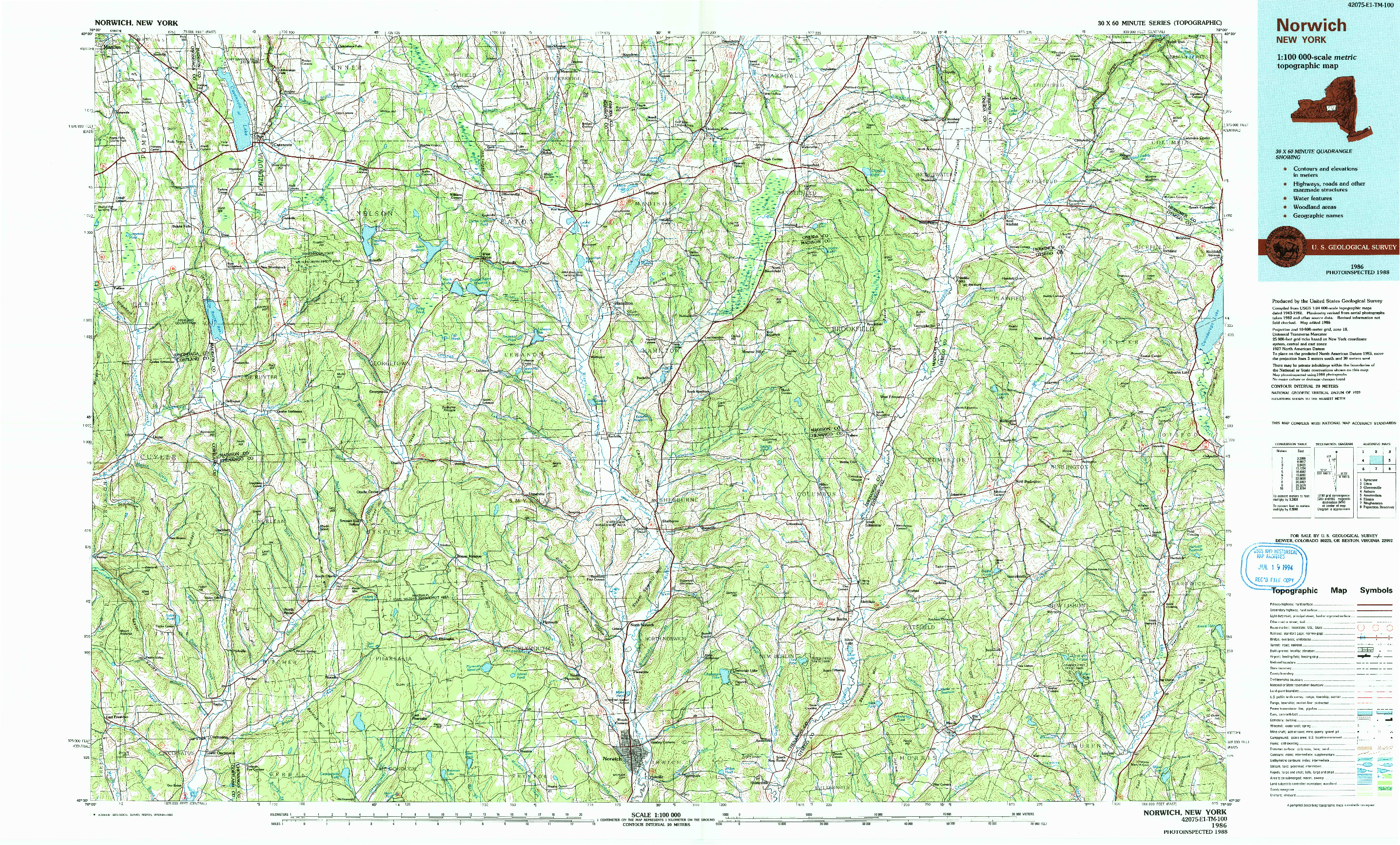 USGS 1:100000-SCALE QUADRANGLE FOR NORWICH, NY 1986