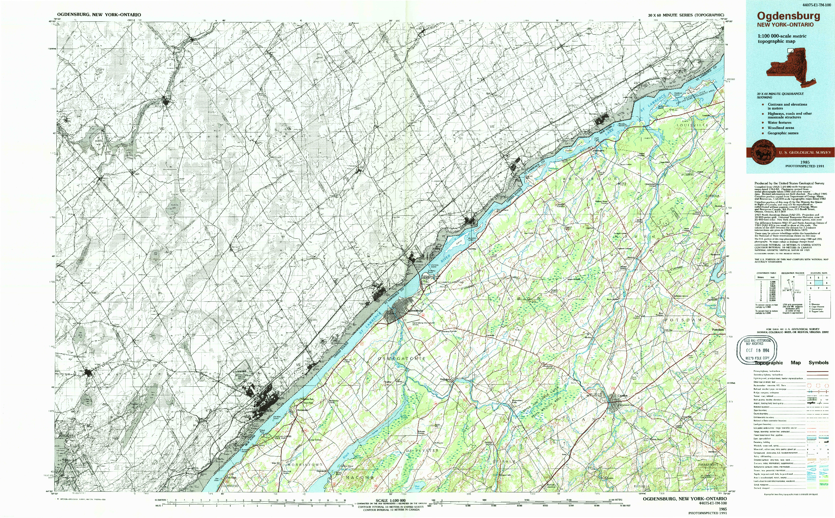 USGS 1:100000-SCALE QUADRANGLE FOR OGDENSBURG, NY 1985
