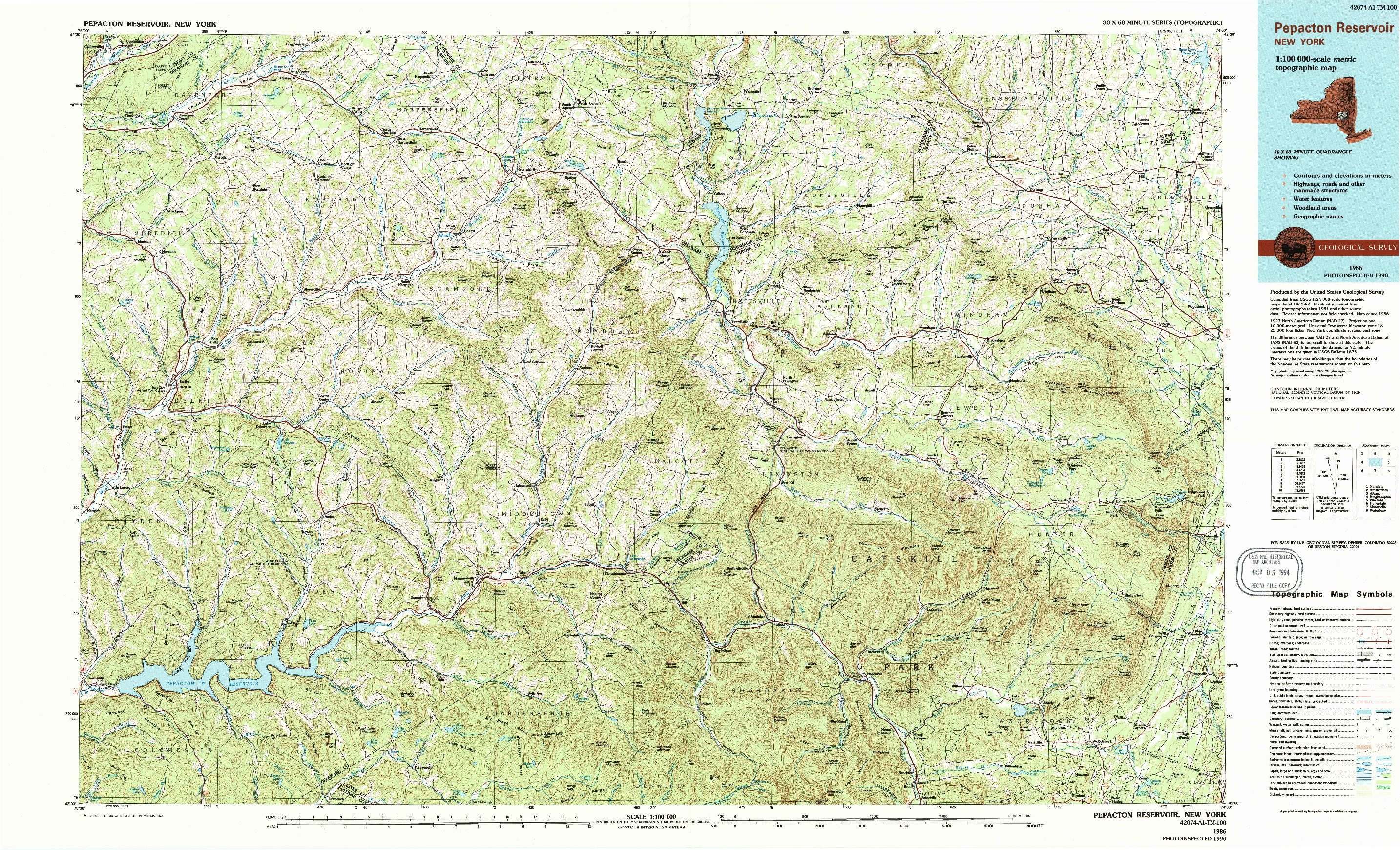 USGS 1:100000-SCALE QUADRANGLE FOR PEPACTON RESERVOIR, NY 1986