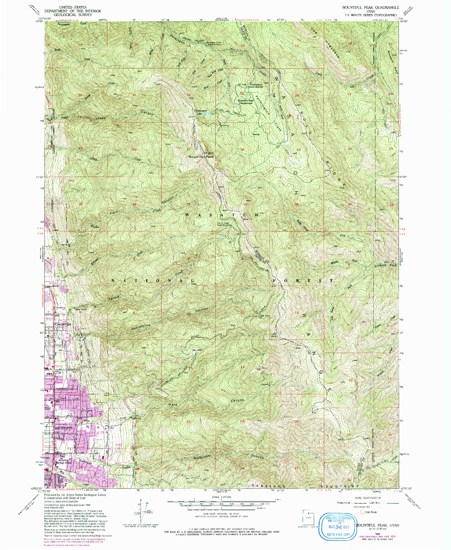 USGS 1:24000-SCALE QUADRANGLE FOR BOUNTIFUL PEAK, UT 1952