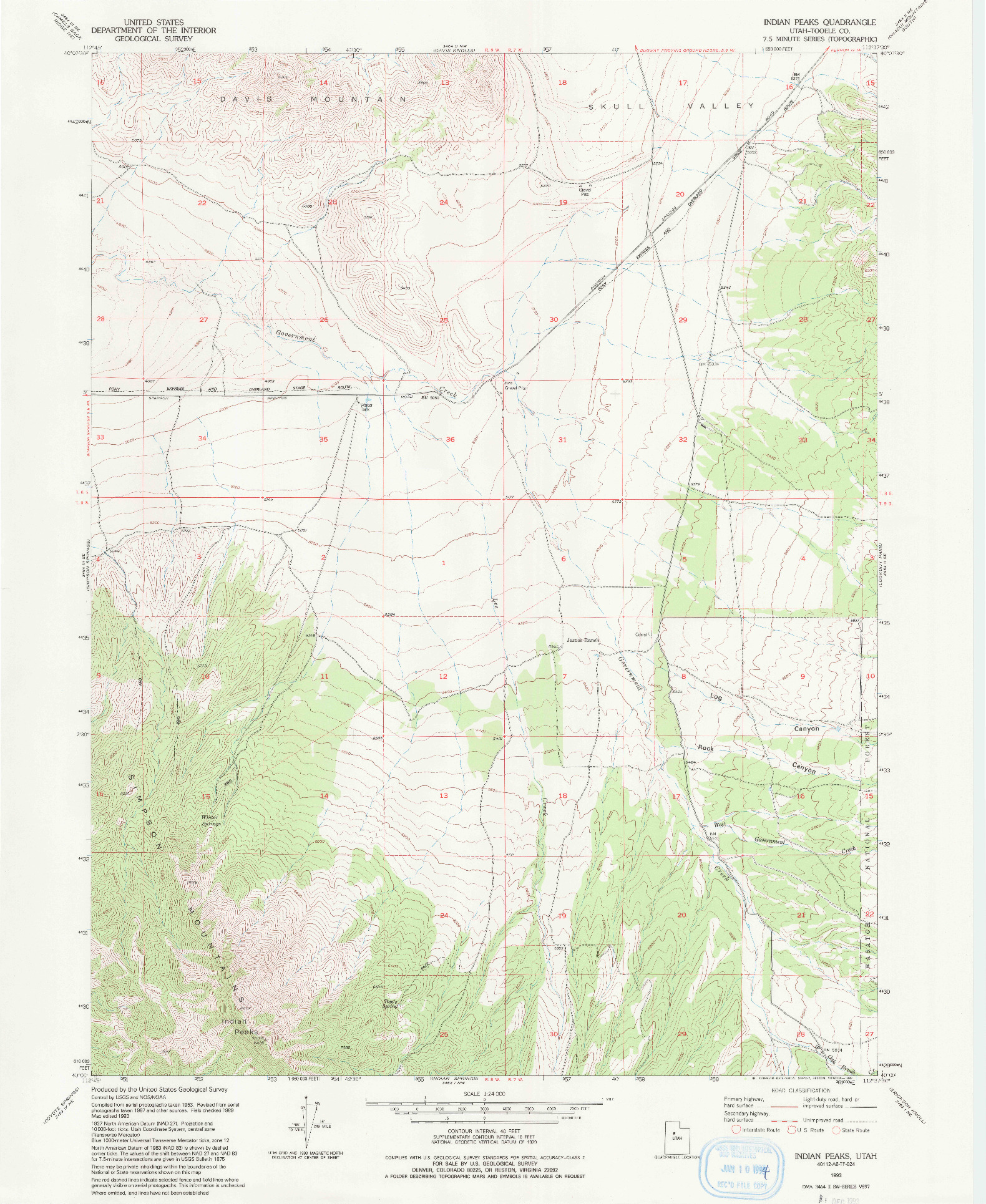 USGS 1:24000-SCALE QUADRANGLE FOR INDIAN PEAKS, UT 1993