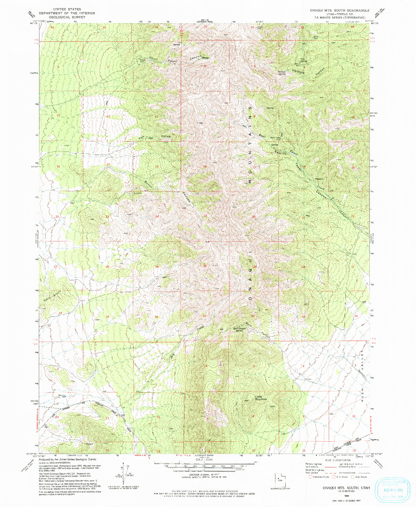 USGS 1:24000-SCALE QUADRANGLE FOR ONAQUI MTS SOUTH, UT 1993