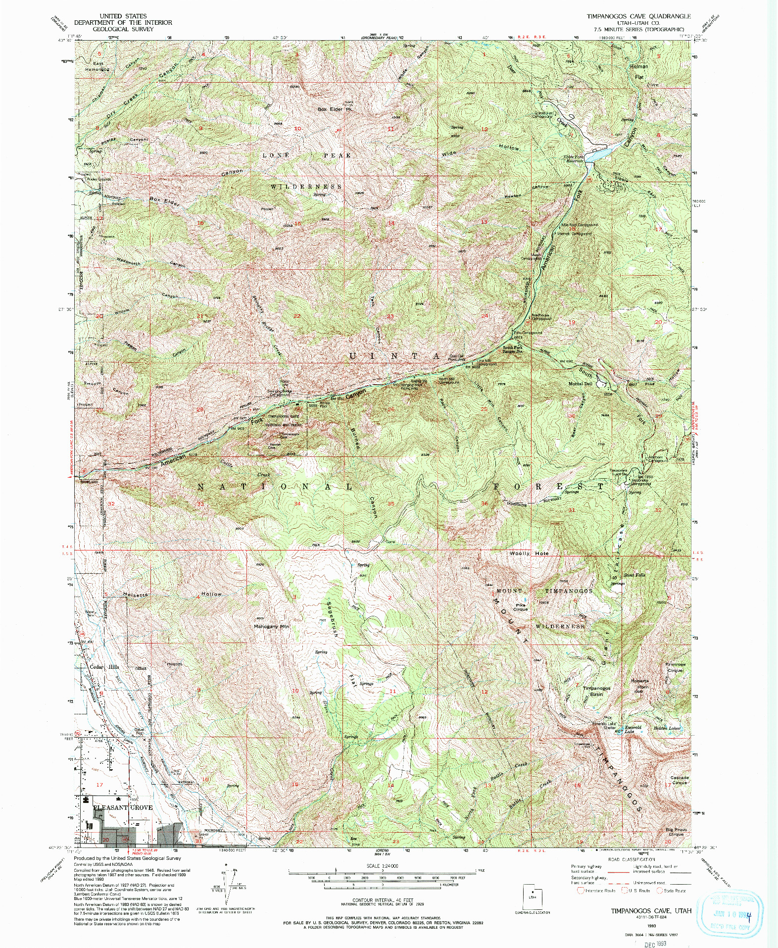 USGS 1:24000-SCALE QUADRANGLE FOR TIMPANOGOS CAVE, UT 1993