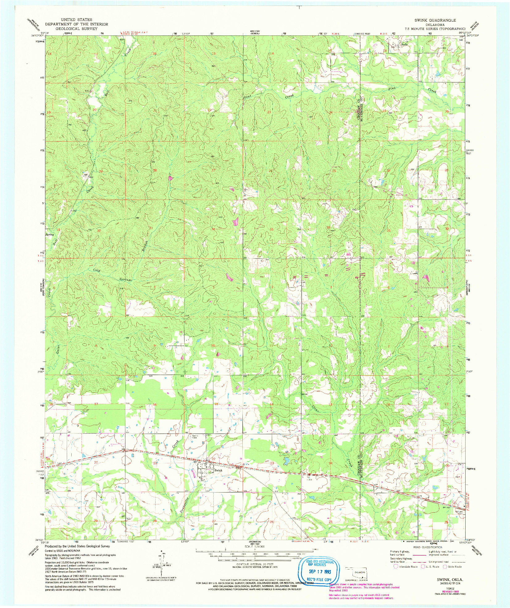 USGS 1:24000-SCALE QUADRANGLE FOR SWINK, OK 1962