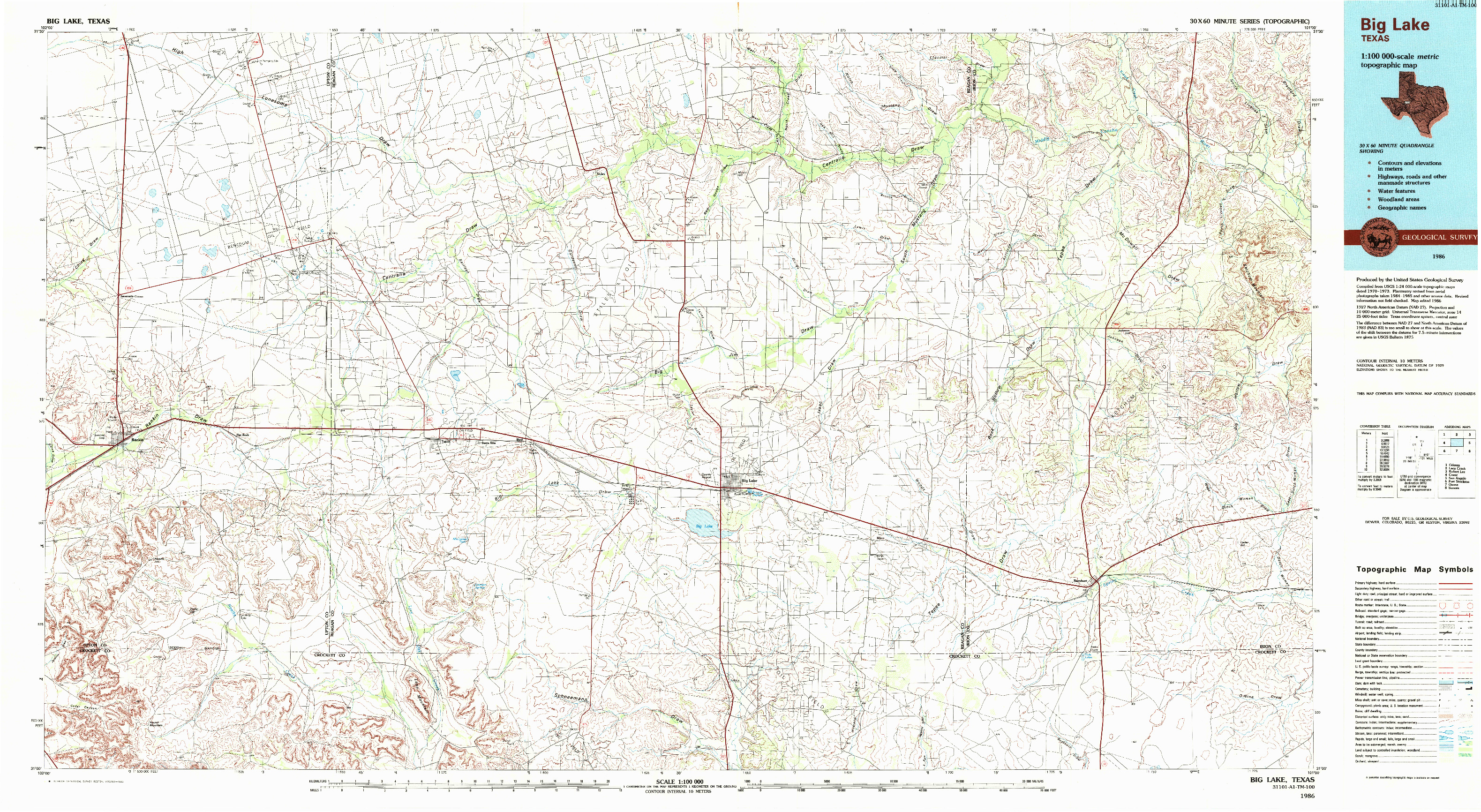 USGS 1:100000-SCALE QUADRANGLE FOR BIG LAKE, TX 1986