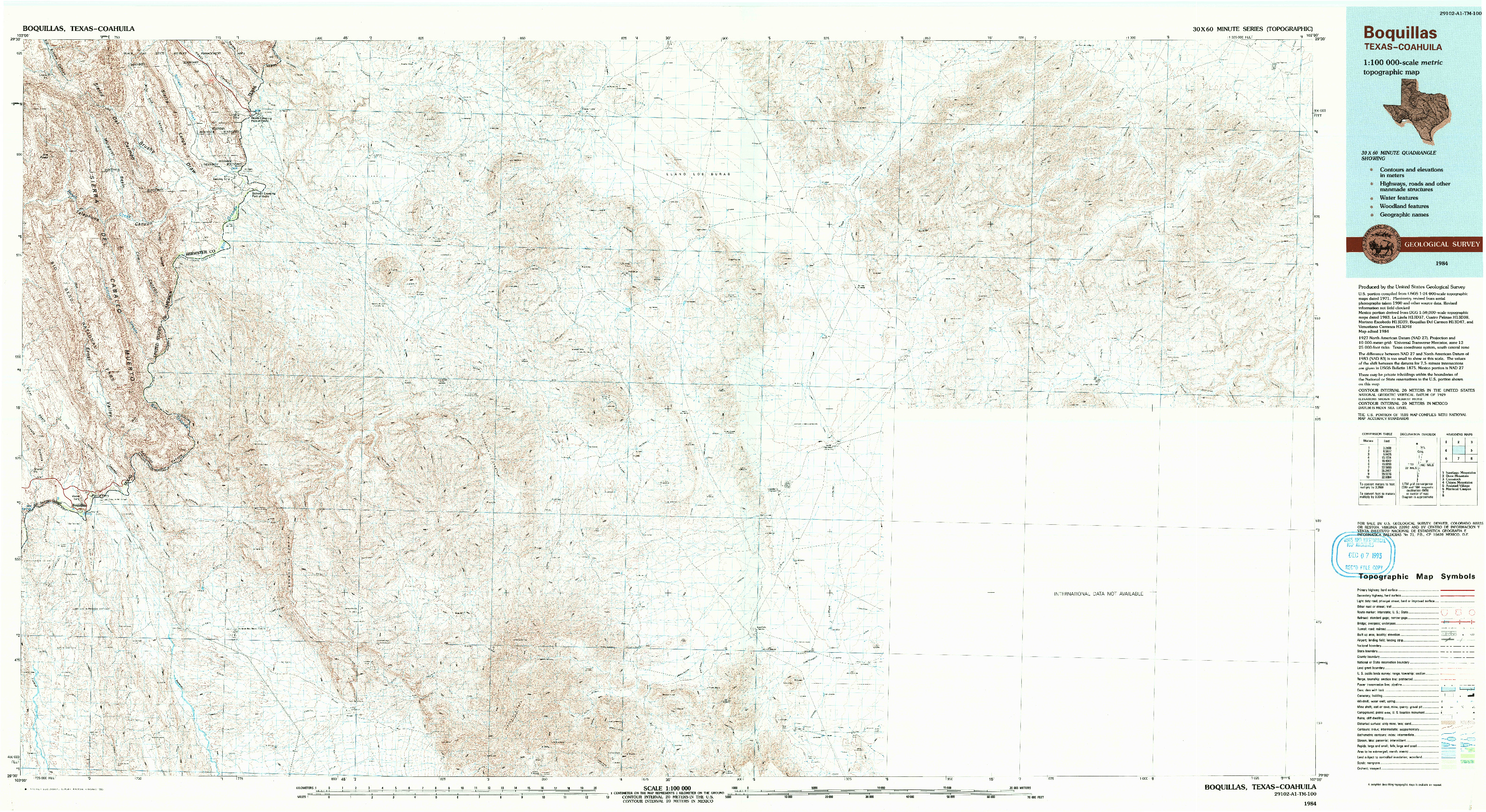 USGS 1:100000-SCALE QUADRANGLE FOR BOQUILLAS, TX 1984