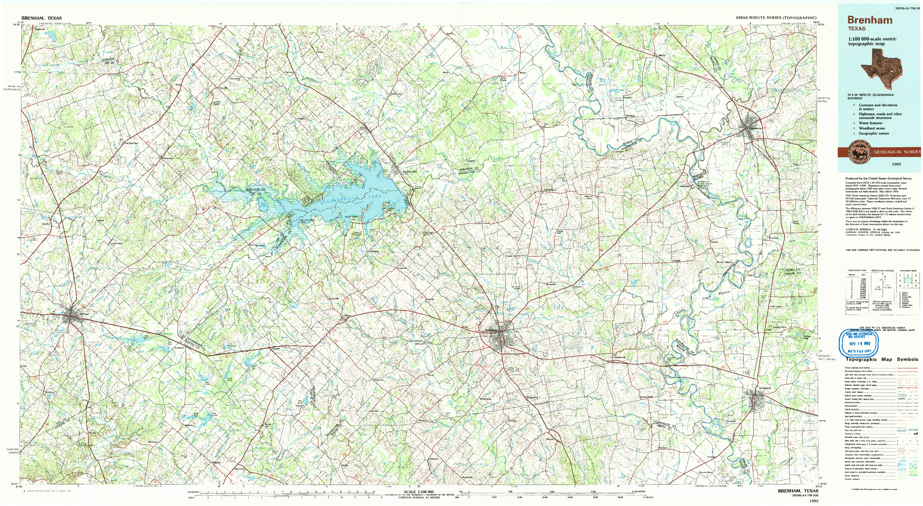 USGS 1:100000-SCALE QUADRANGLE FOR BRENHAM, TX 1993