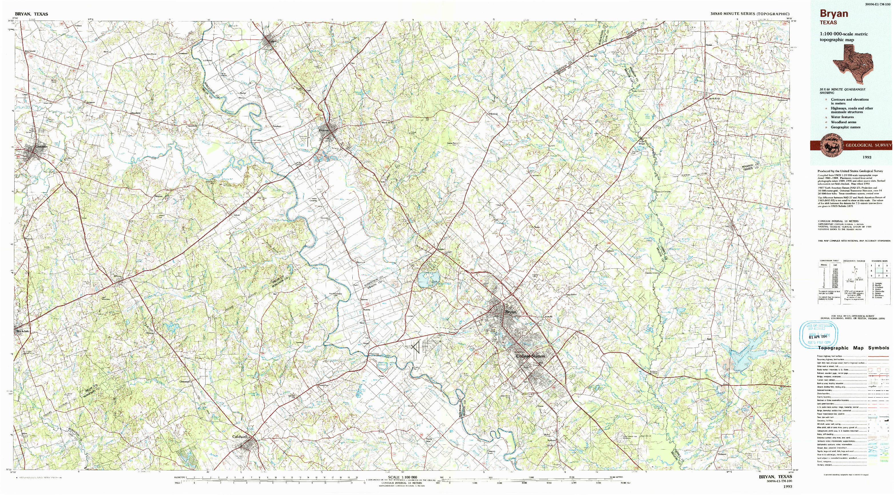 USGS 1:100000-SCALE QUADRANGLE FOR BRYAN, TX 1993