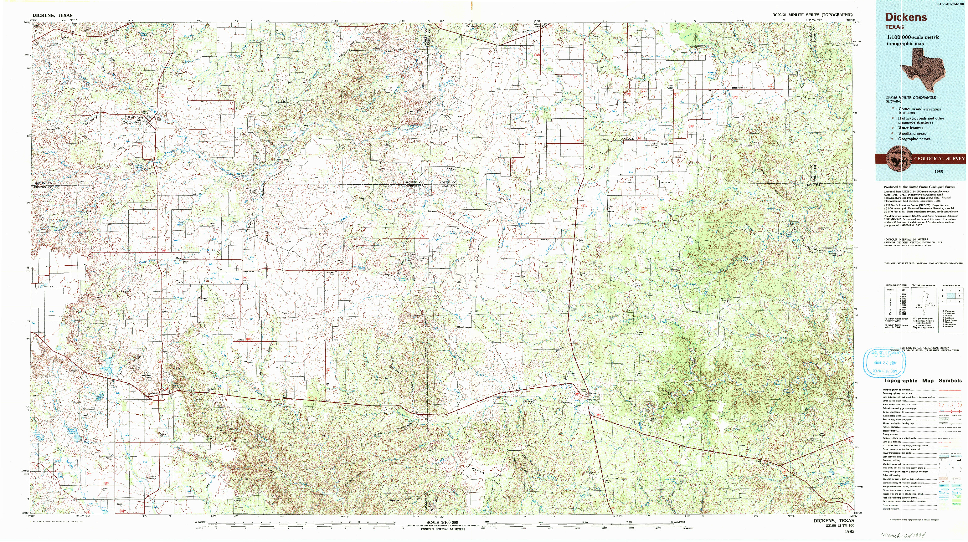 USGS 1:100000-SCALE QUADRANGLE FOR DICKENS, TX 1985