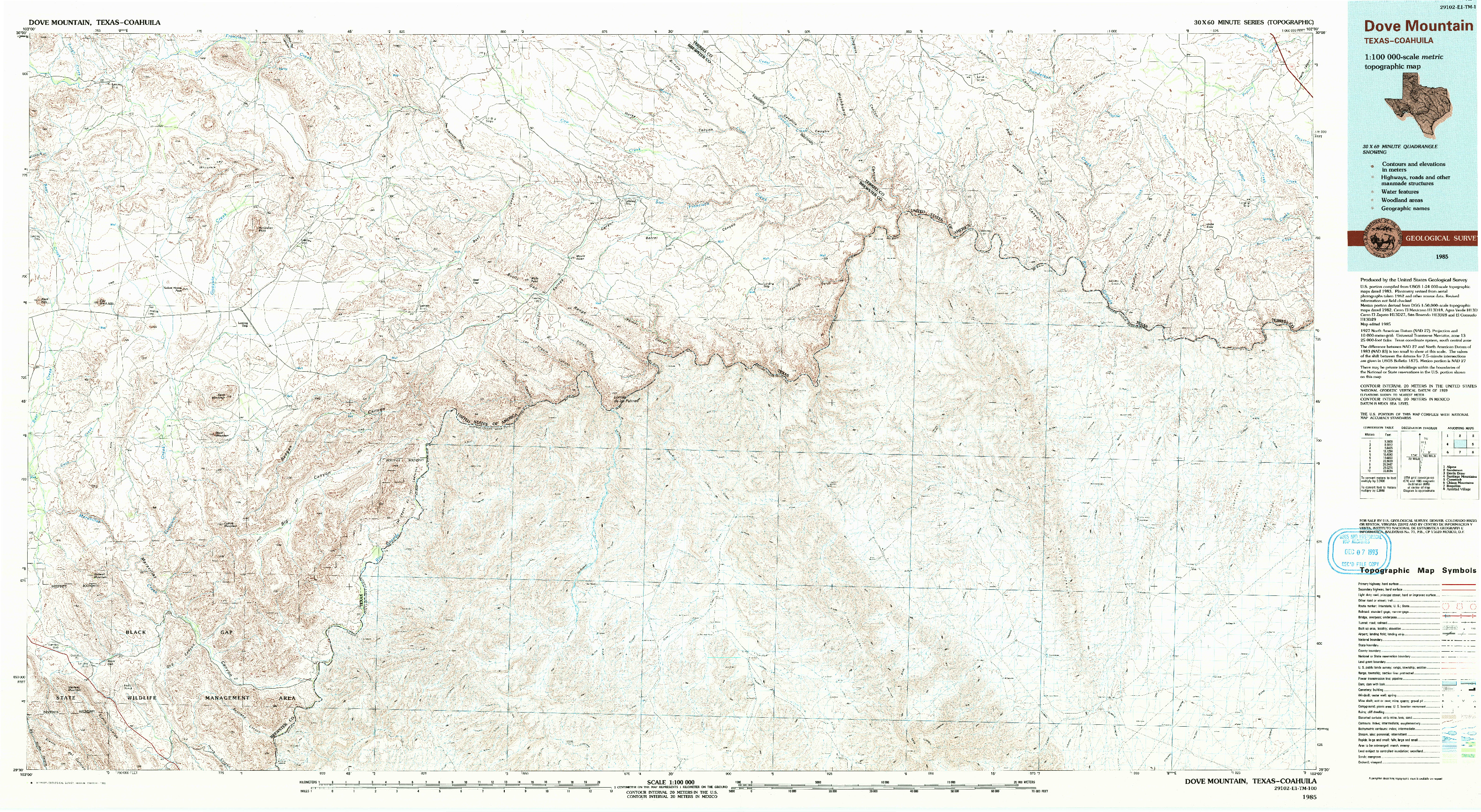USGS 1:100000-SCALE QUADRANGLE FOR DOVE MOUNTAIN, TX 1985