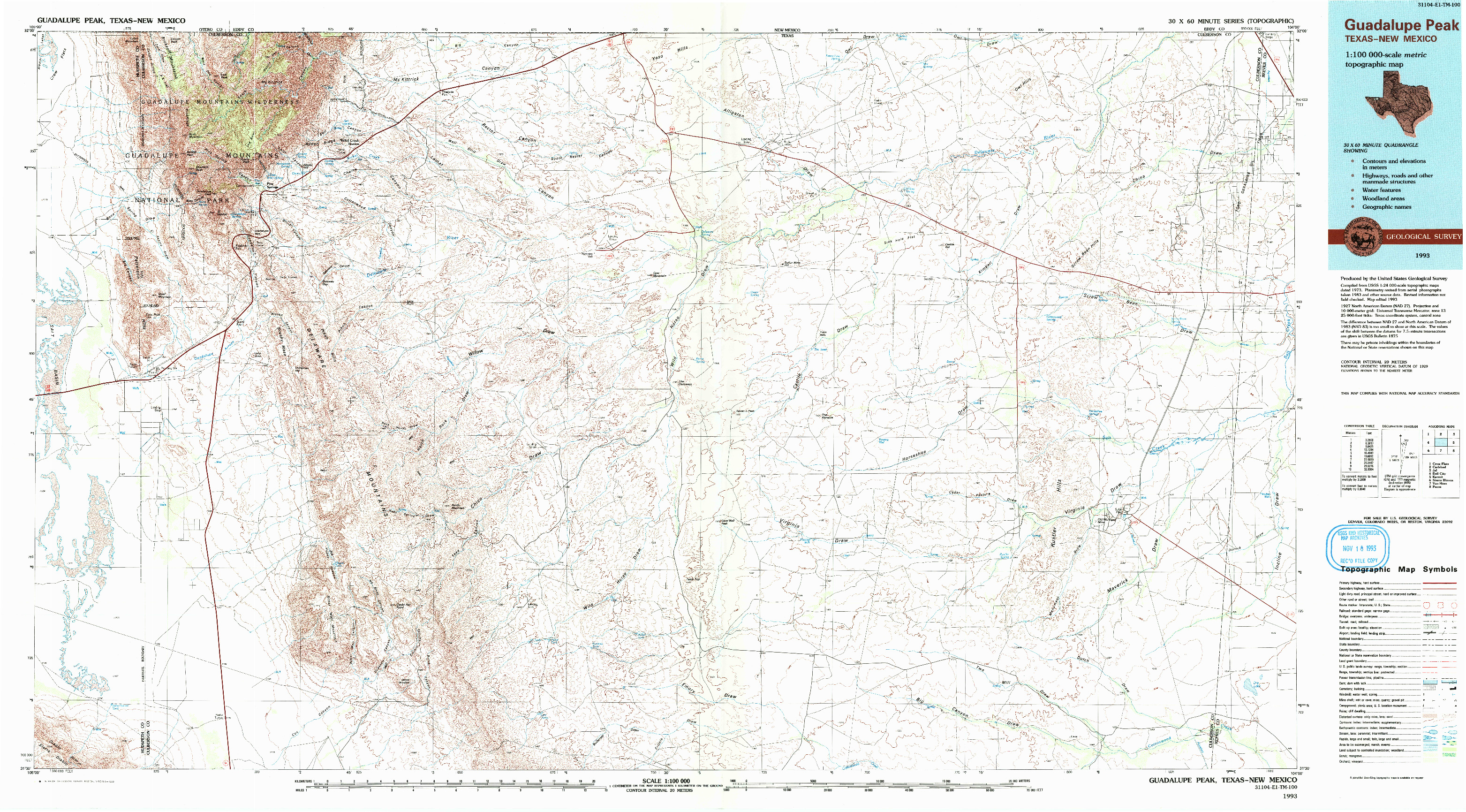 USGS 1:100000-SCALE QUADRANGLE FOR GUADALUPE PEAK, TX 1993