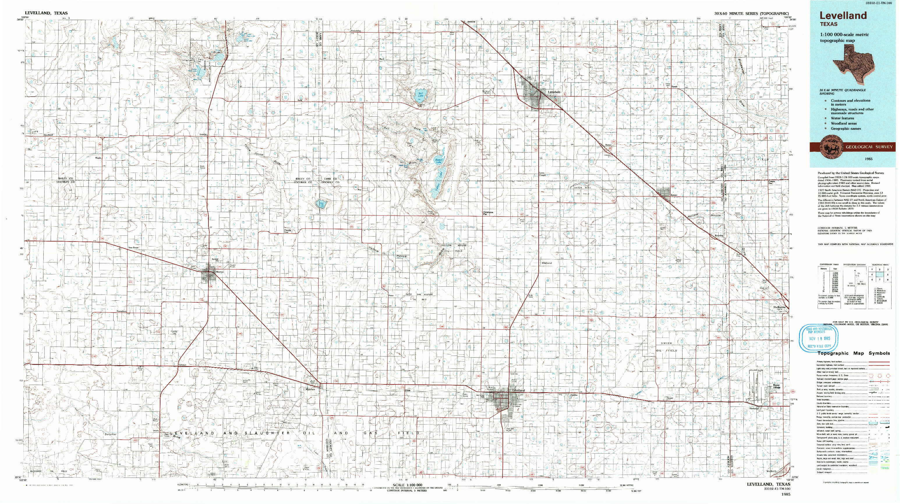 USGS 1:100000-SCALE QUADRANGLE FOR LEVELLAND, TX 1985