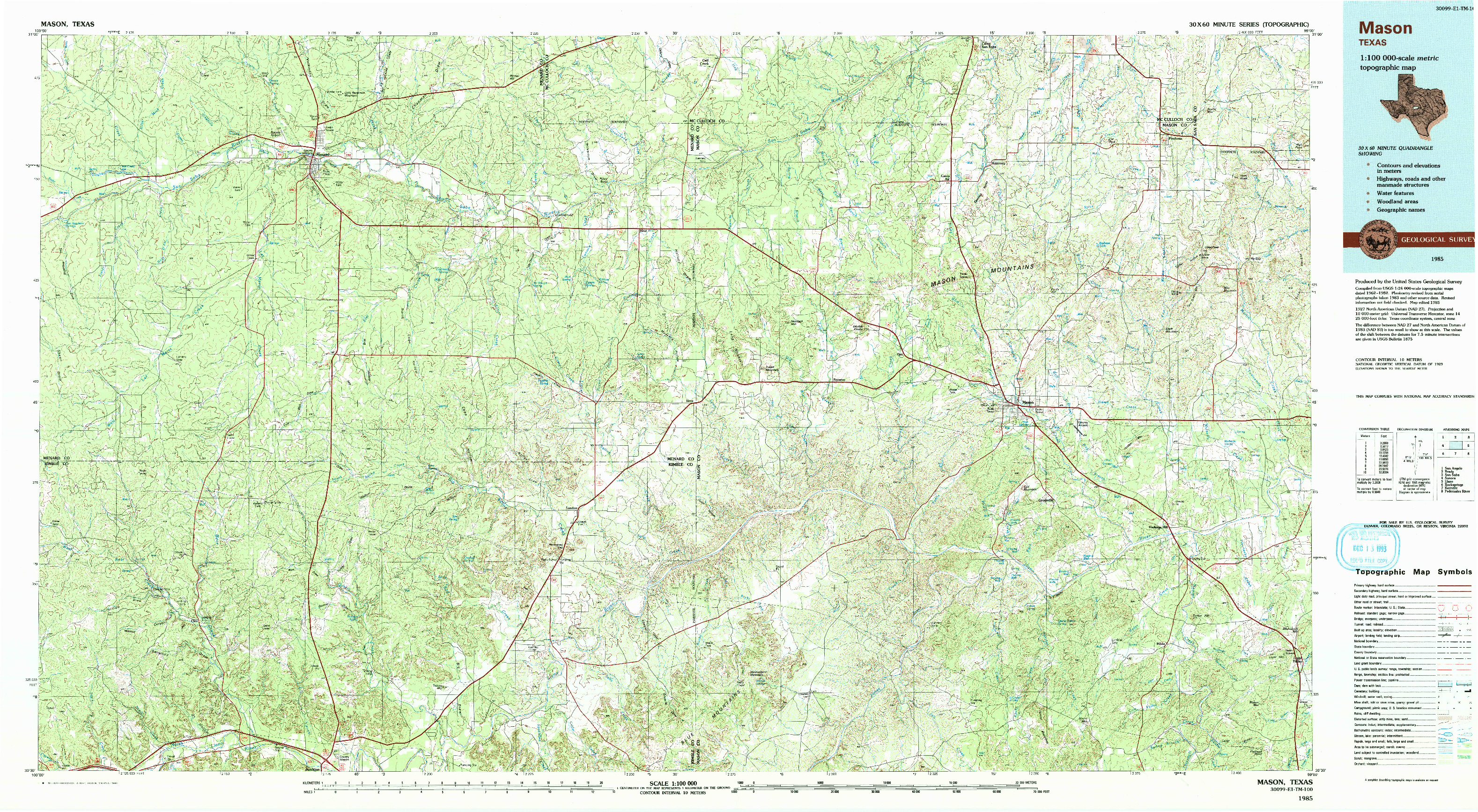 USGS 1:100000-SCALE QUADRANGLE FOR MASON, TX 1985