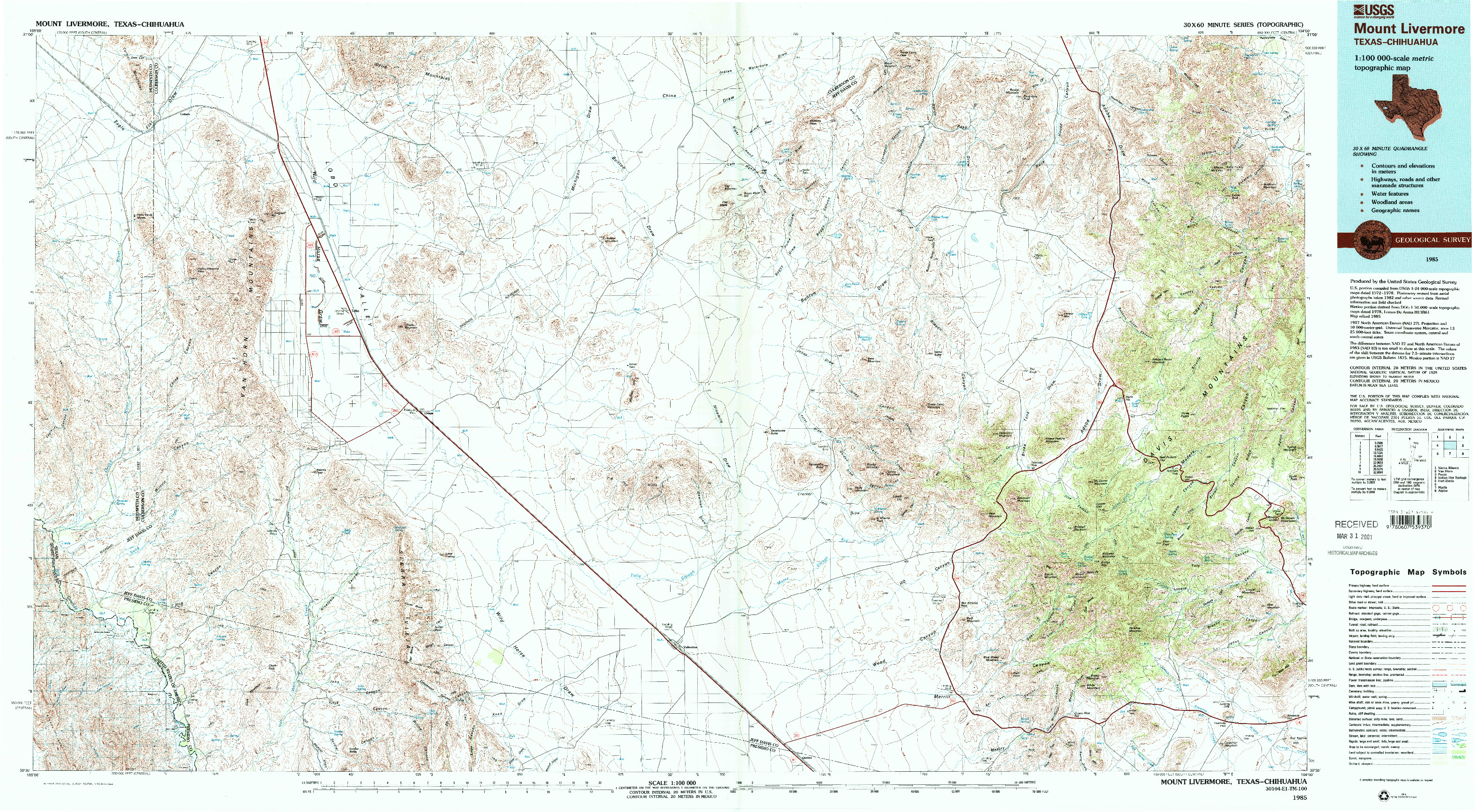 USGS 1:100000-SCALE QUADRANGLE FOR MOUNT LIVERMORE, TX 1985