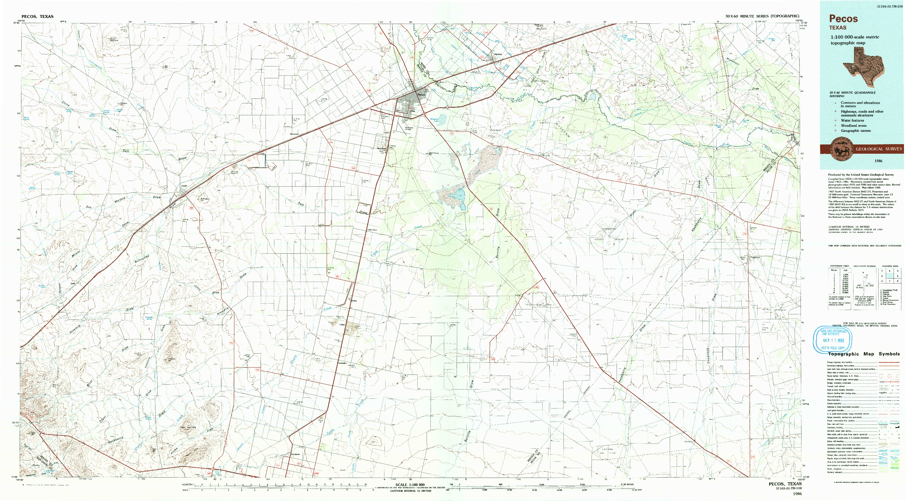 USGS 1:100000-SCALE QUADRANGLE FOR PECOS, TX 1986