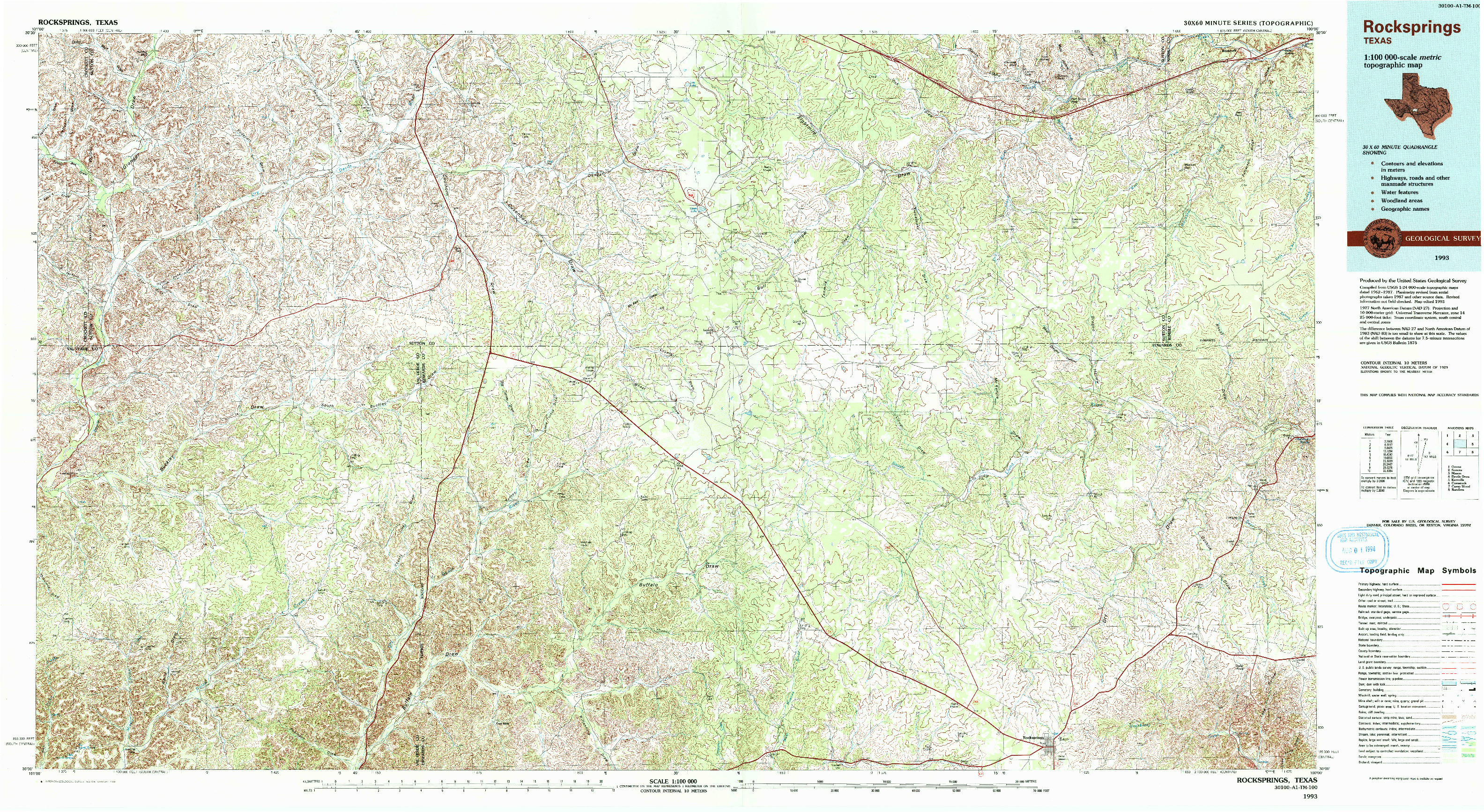 USGS 1:100000-SCALE QUADRANGLE FOR ROCKSPRINGS, TX 1993