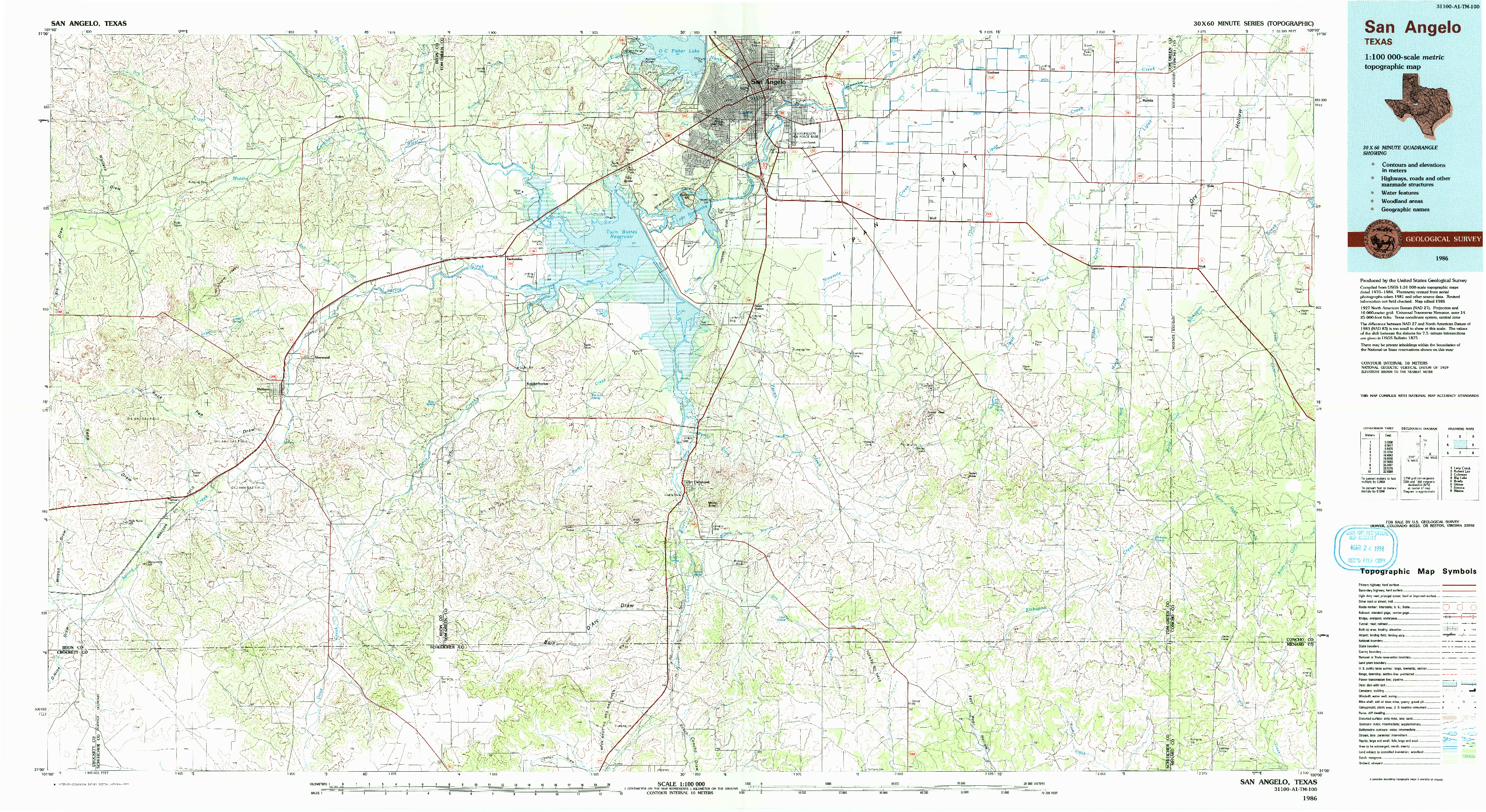 USGS 1:100000-SCALE QUADRANGLE FOR SAN ANGELO, TX 1986