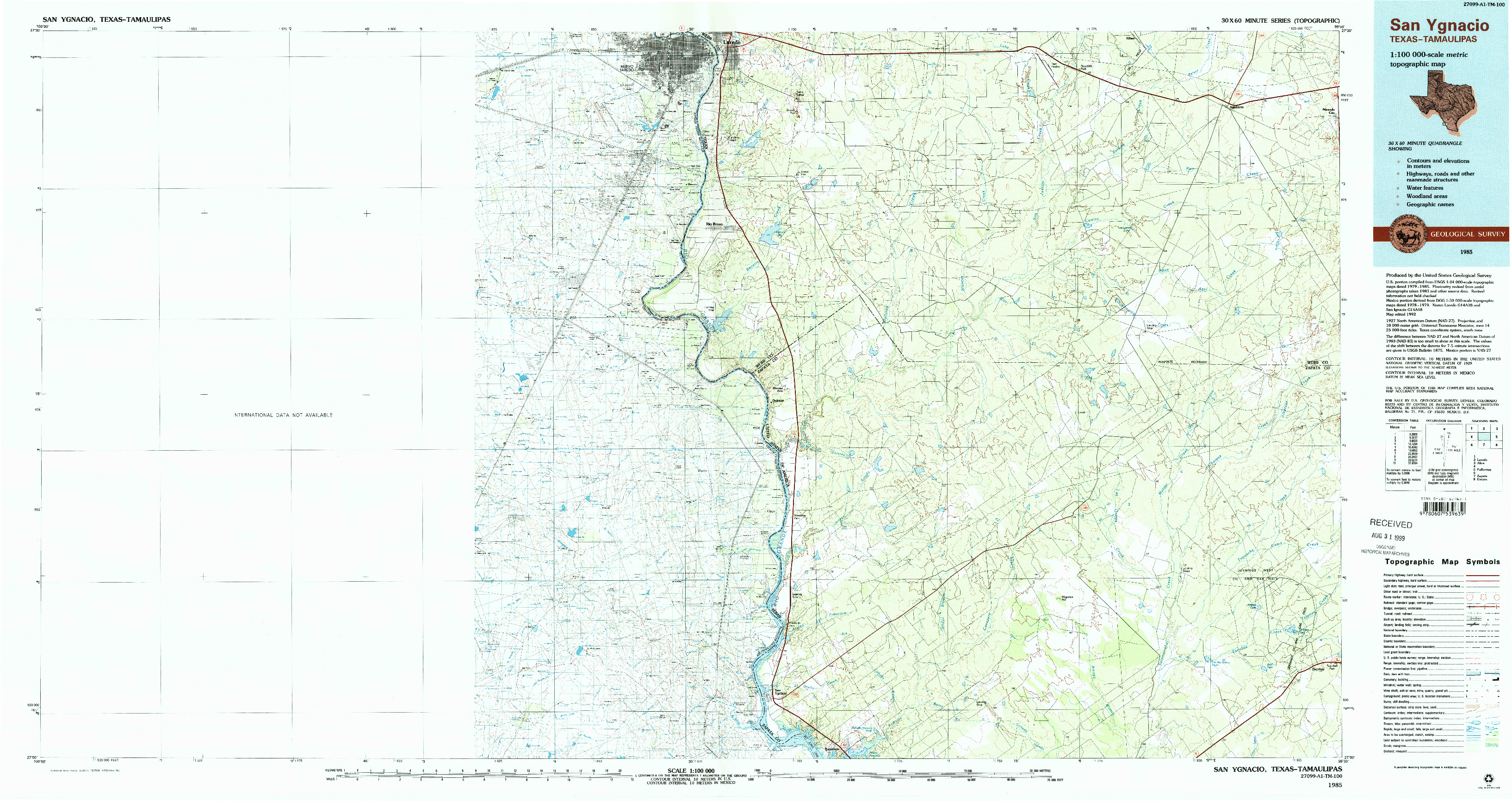 USGS 1:100000-SCALE QUADRANGLE FOR SAN YGNACIO, TX 1985