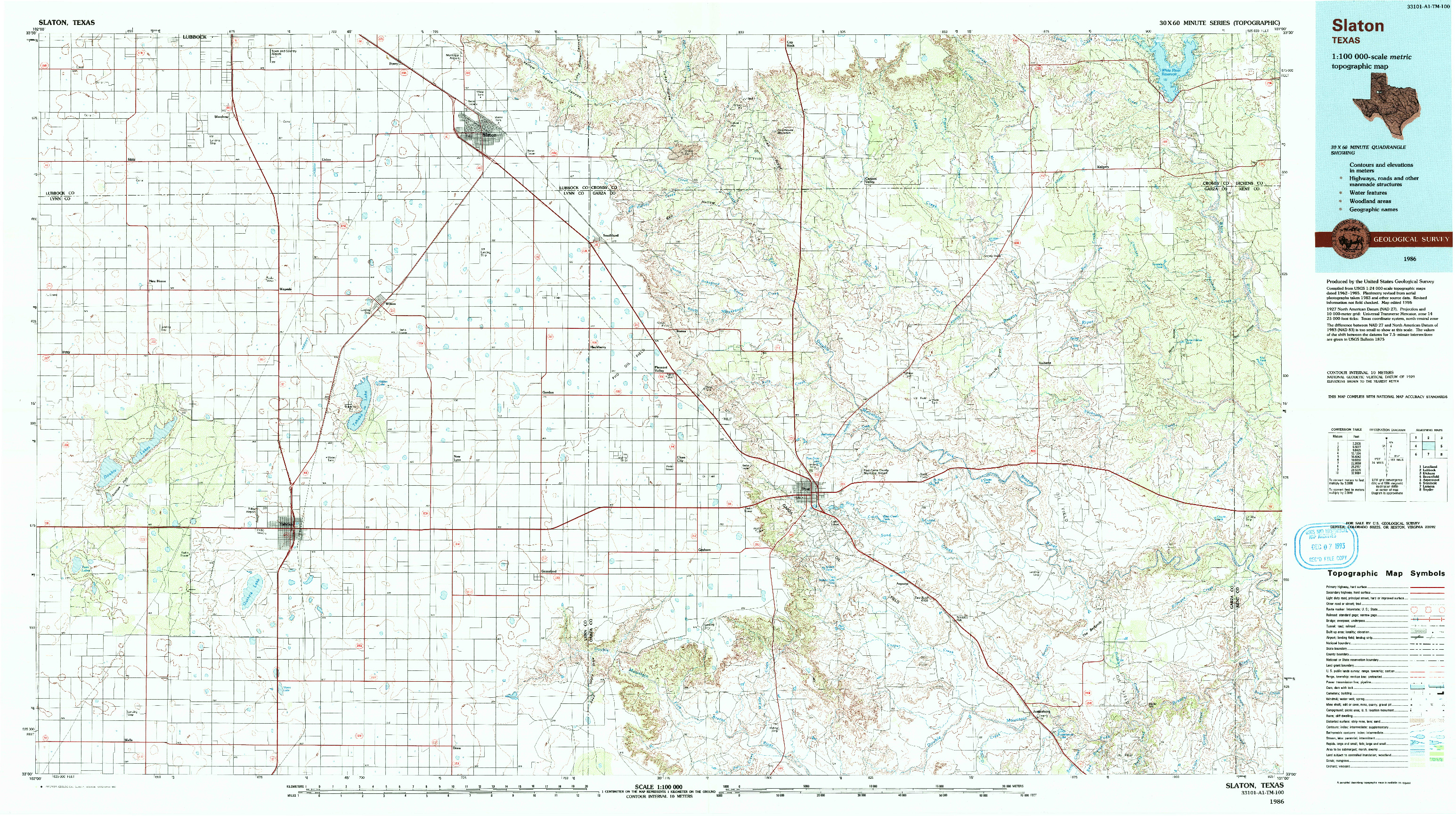 USGS 1:100000-SCALE QUADRANGLE FOR SLATON, TX 1986