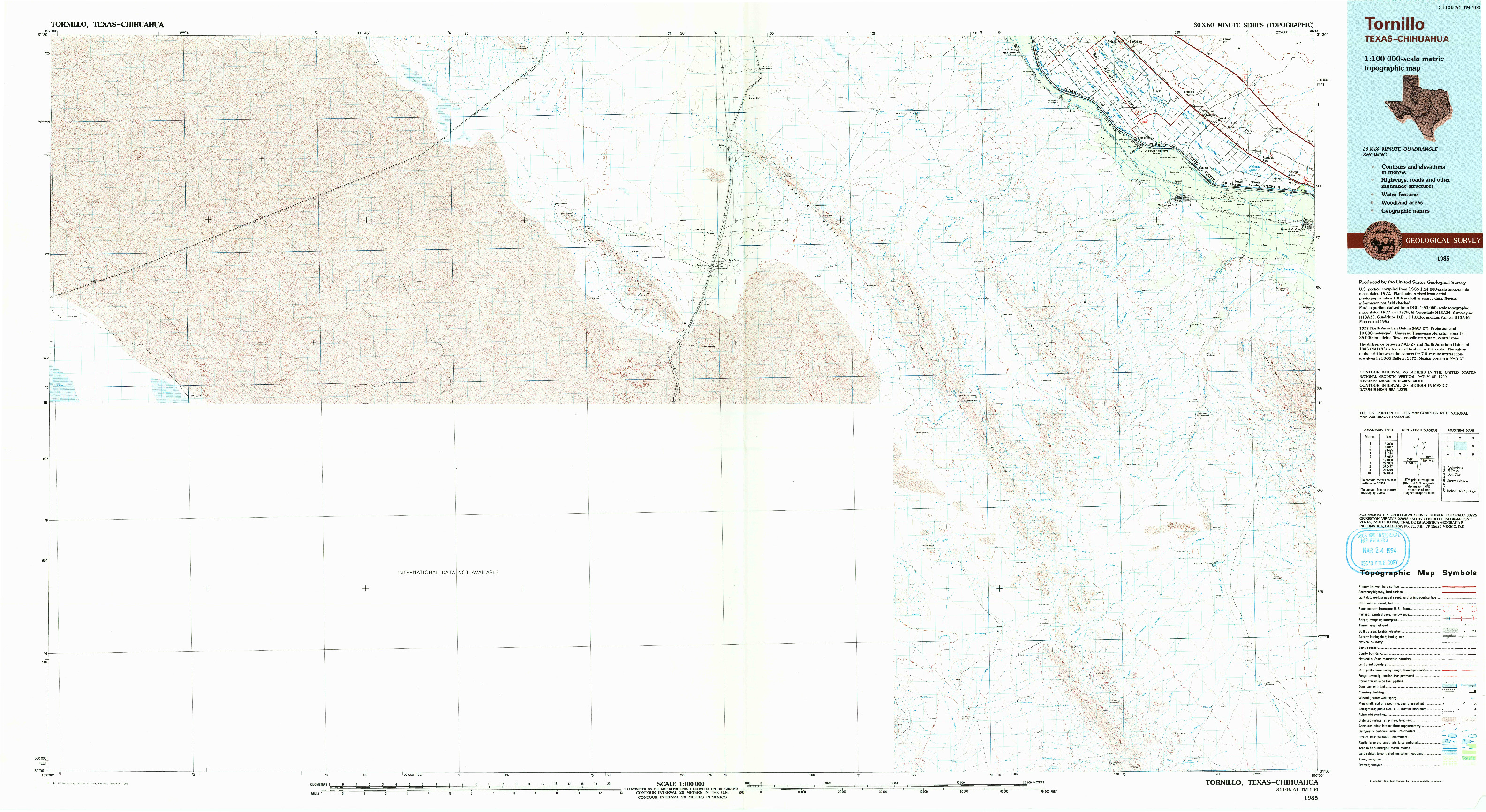 USGS 1:100000-SCALE QUADRANGLE FOR TORNILLO, TX 1985