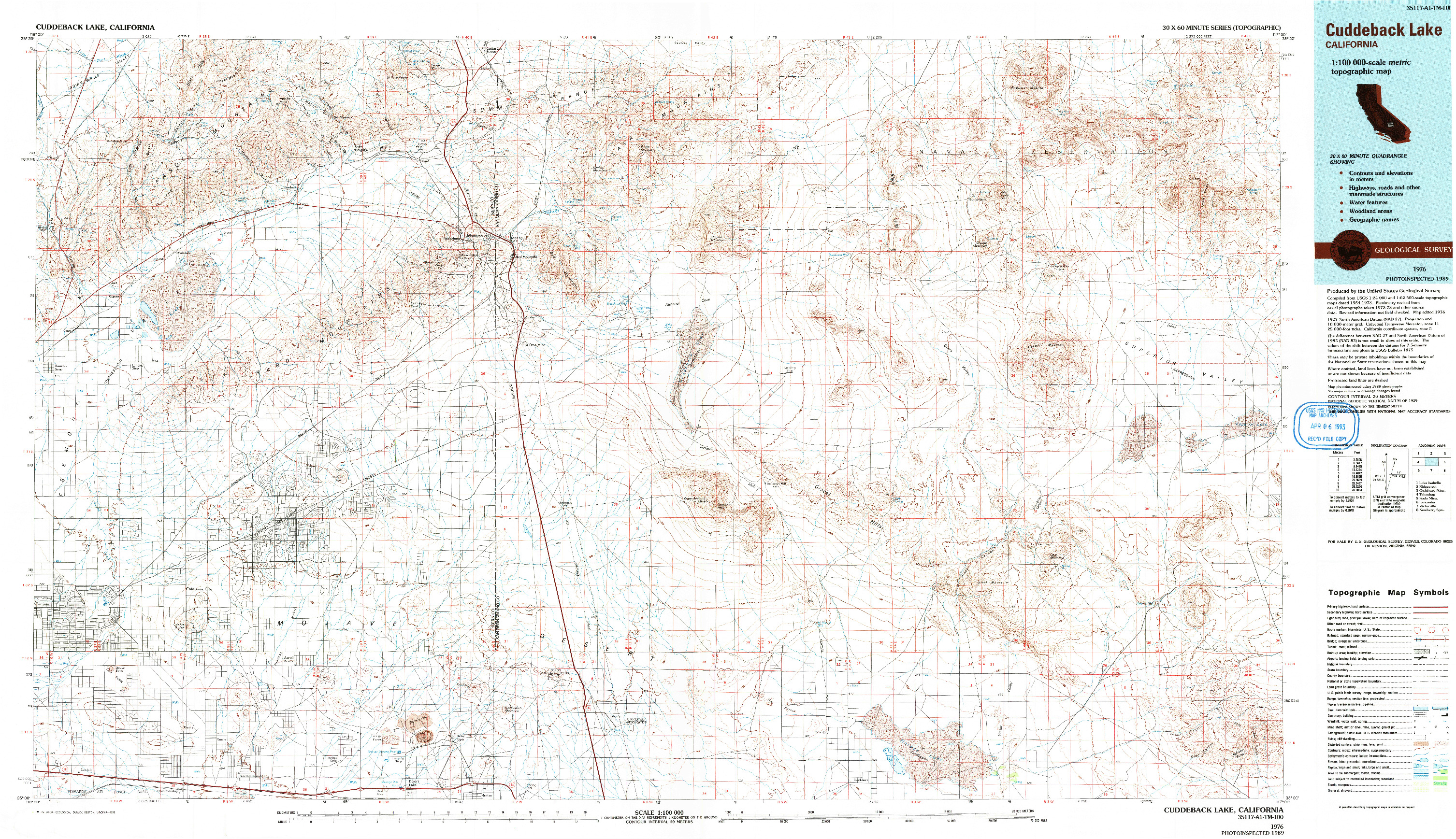 USGS 1:100000-SCALE QUADRANGLE FOR CUDDEBACK LAKE, CA 1976