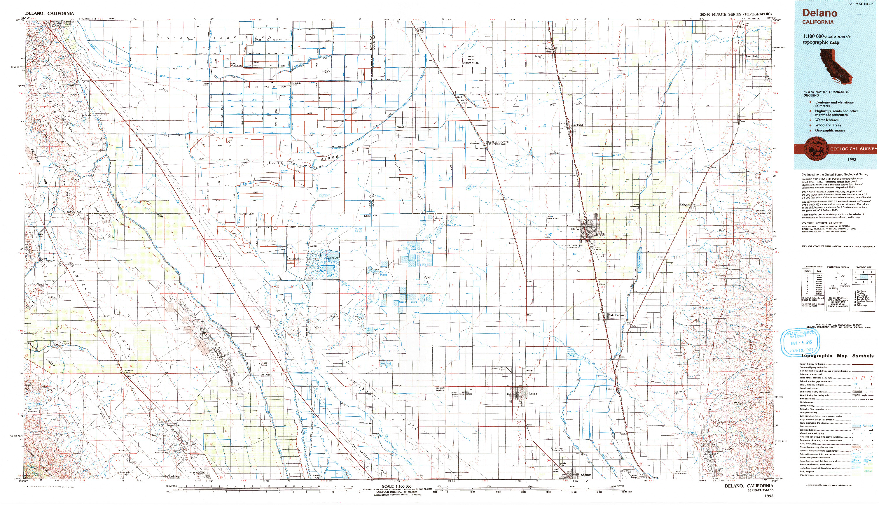 USGS 1:100000-SCALE QUADRANGLE FOR DELANO, CA 1993