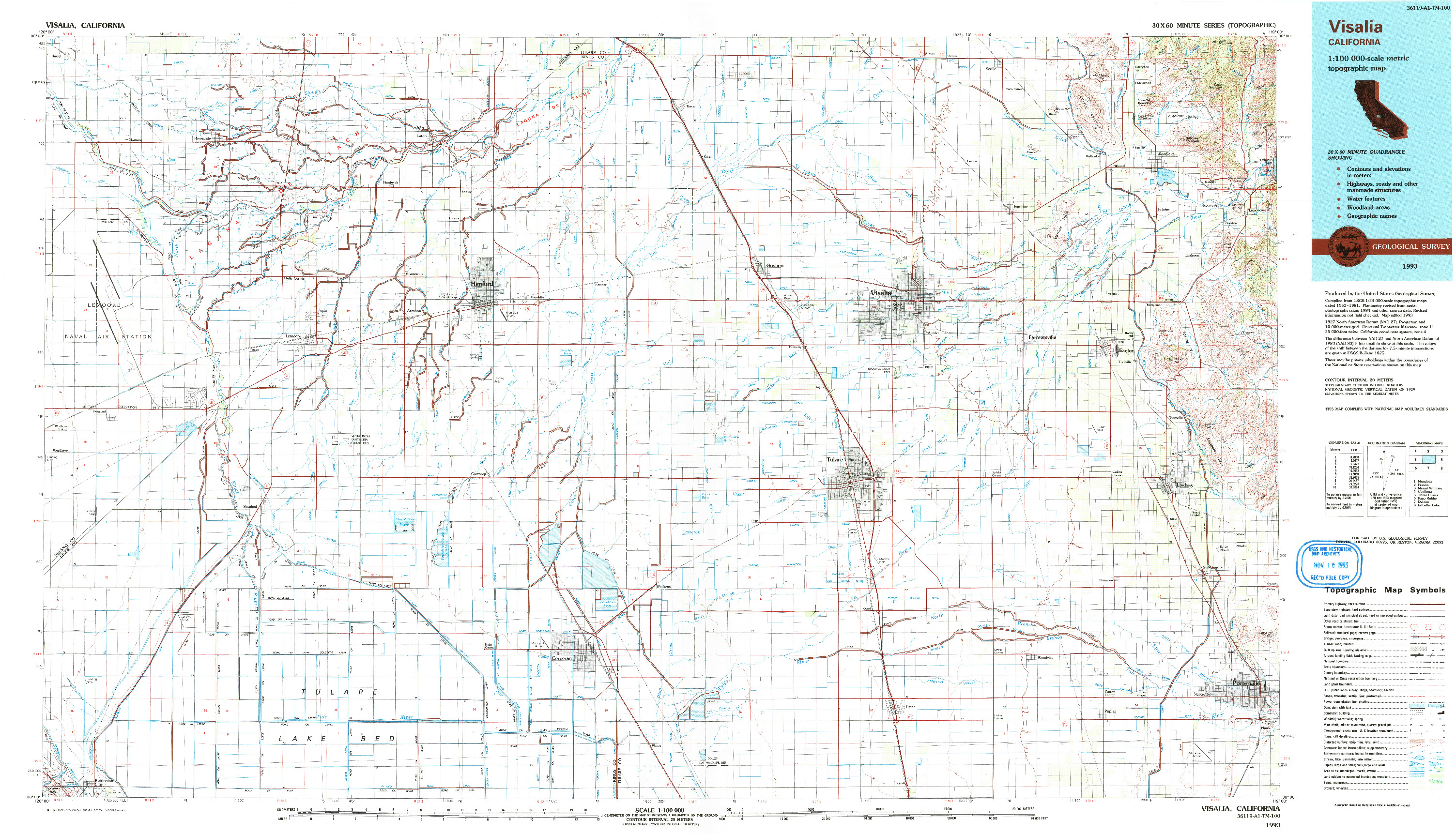 USGS 1:100000-SCALE QUADRANGLE FOR VISALIA, CA 1993