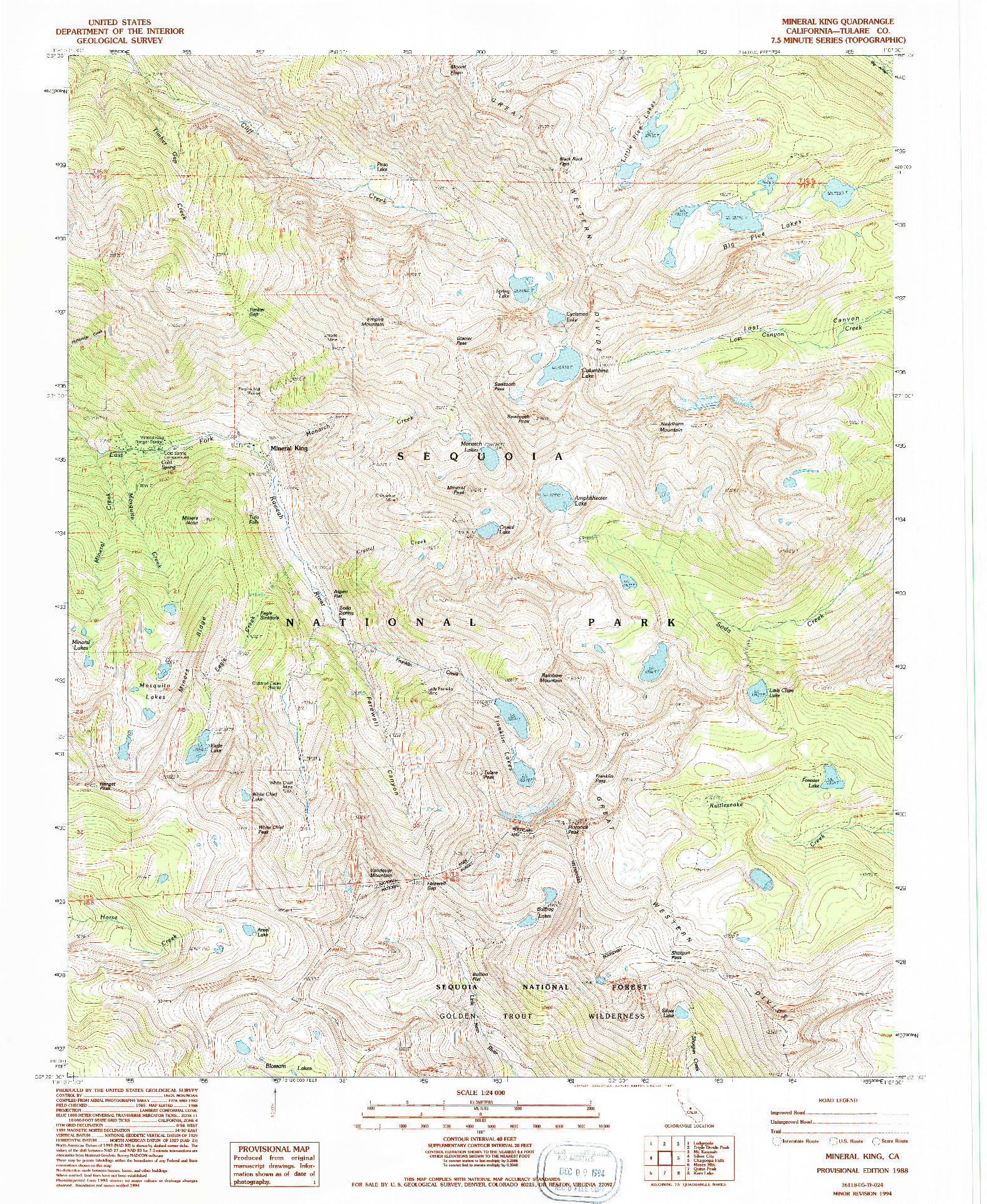 USGS 1:24000-SCALE QUADRANGLE FOR MINERAL KING, CA 1988