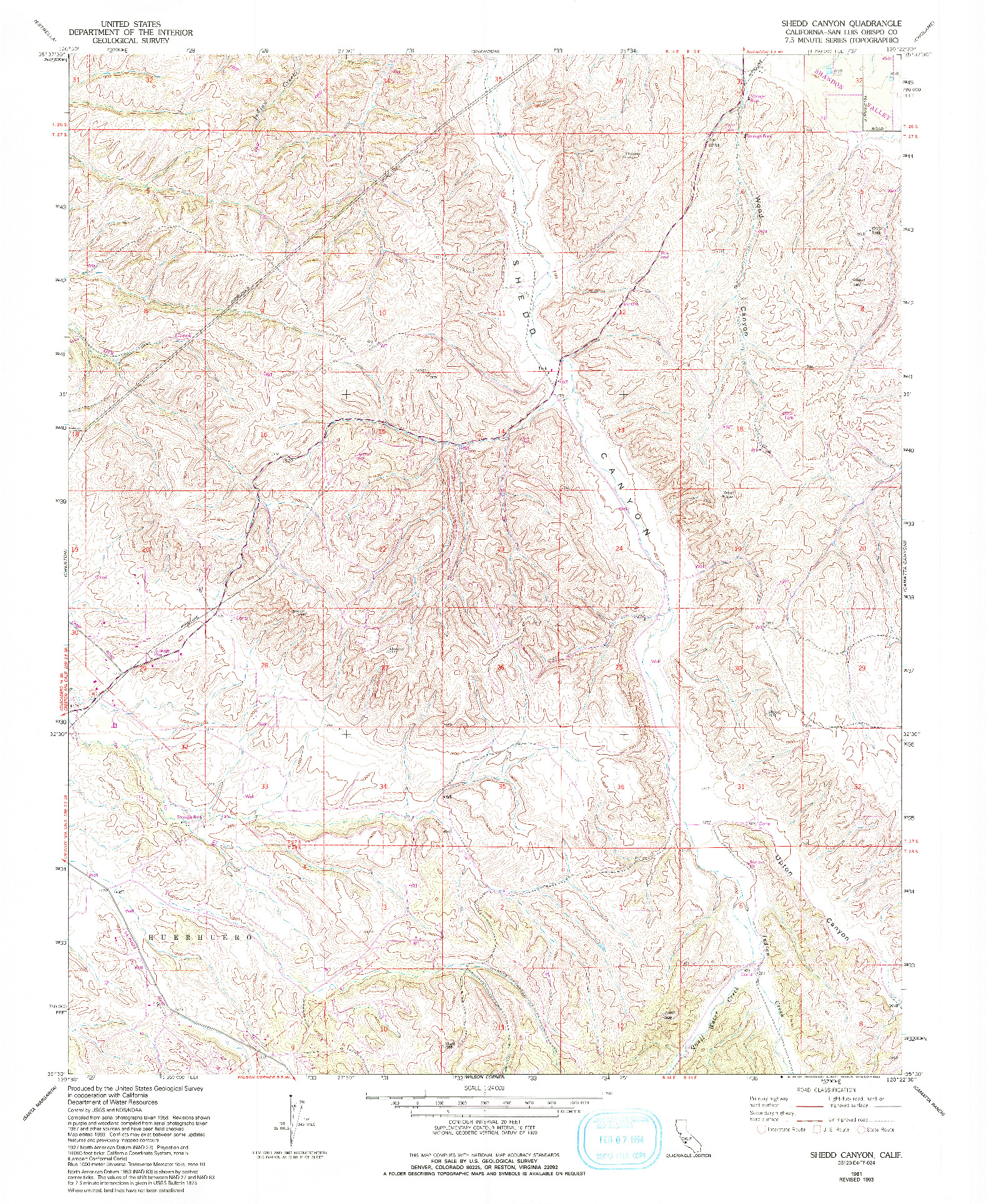 USGS 1:24000-SCALE QUADRANGLE FOR SHEDD CANYON, CA 1961