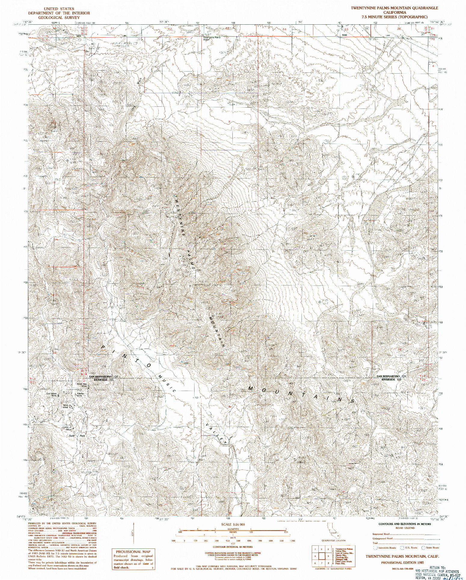 USGS 1:24000-SCALE QUADRANGLE FOR TWENTYNINE PALMS MOUNTAIN, CA 1985