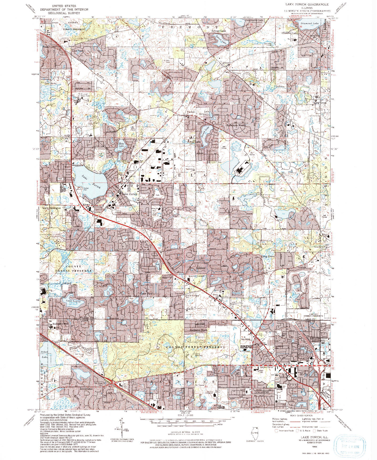 USGS 1:24000-SCALE QUADRANGLE FOR LAKE ZURICH, IL 1993