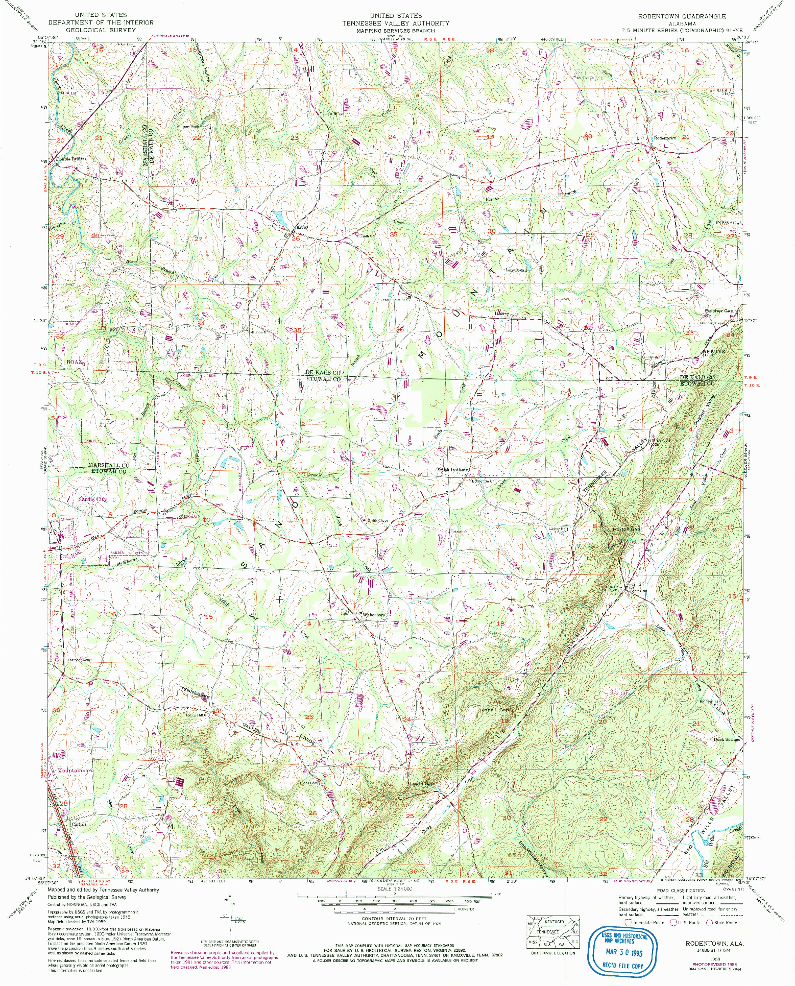 USGS 1:24000-SCALE QUADRANGLE FOR RODENTOWN, AL 1959