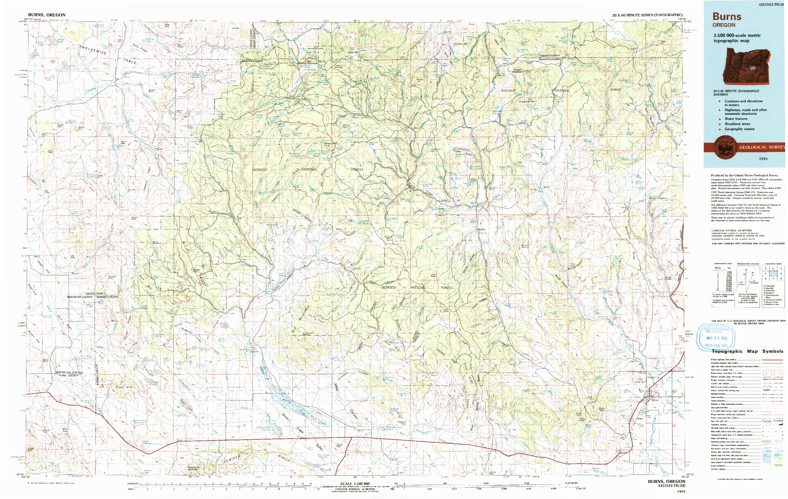 USGS 1:100000-SCALE QUADRANGLE FOR BURNS, OR 1993