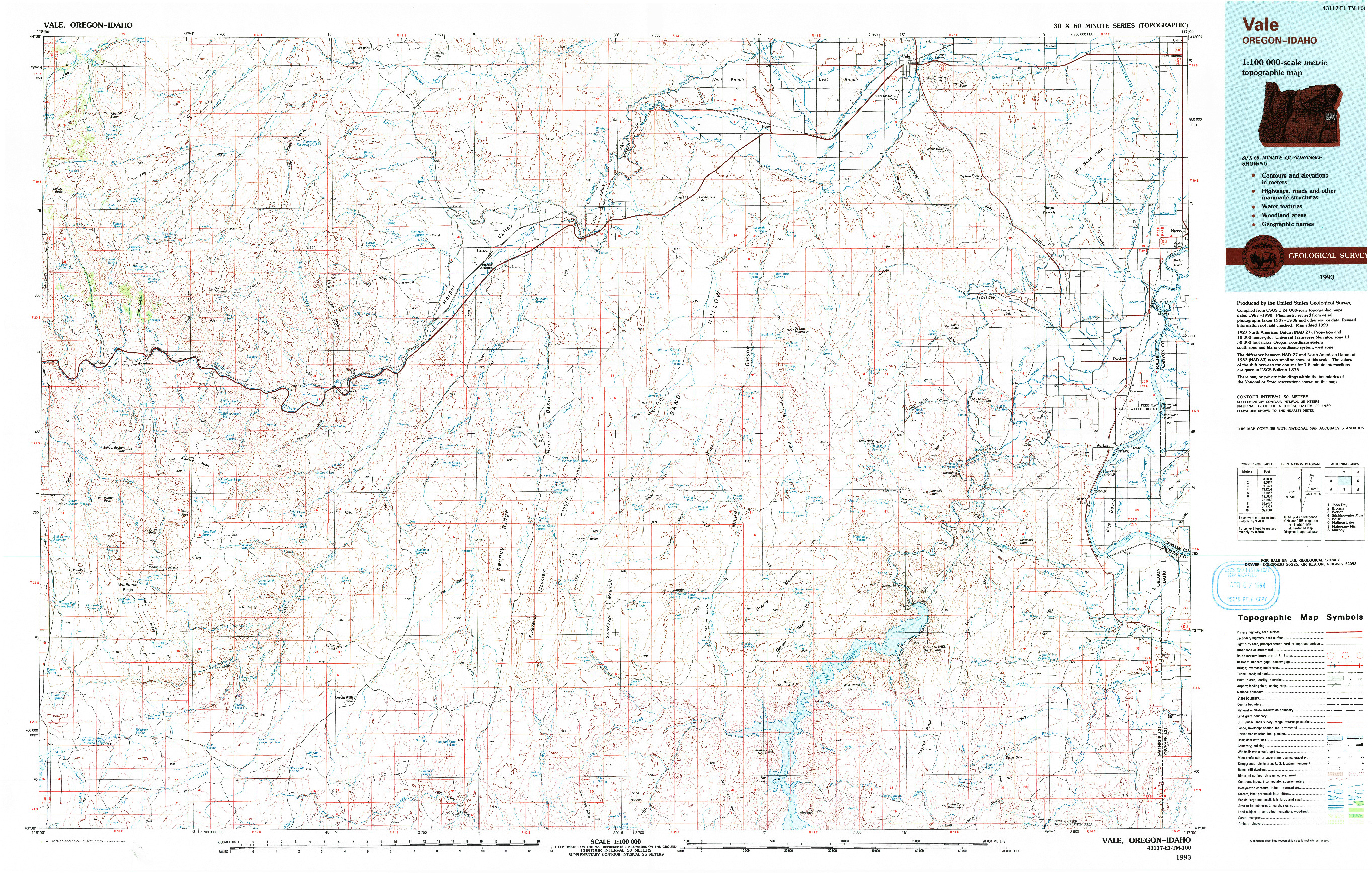 USGS 1:100000-SCALE QUADRANGLE FOR VALE, OR 1993