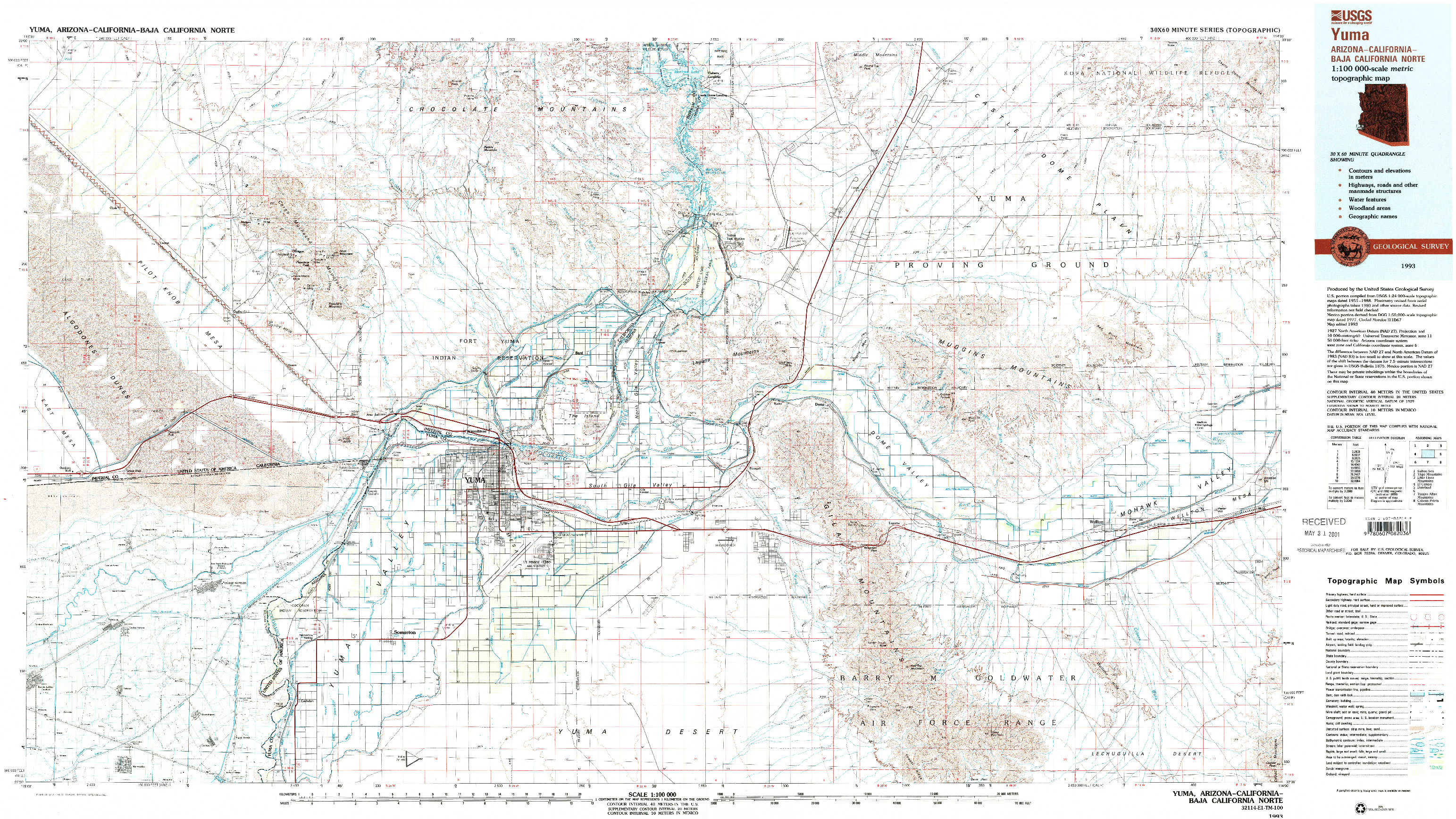 USGS 1:100000-SCALE QUADRANGLE FOR YUMA, AZ 1993