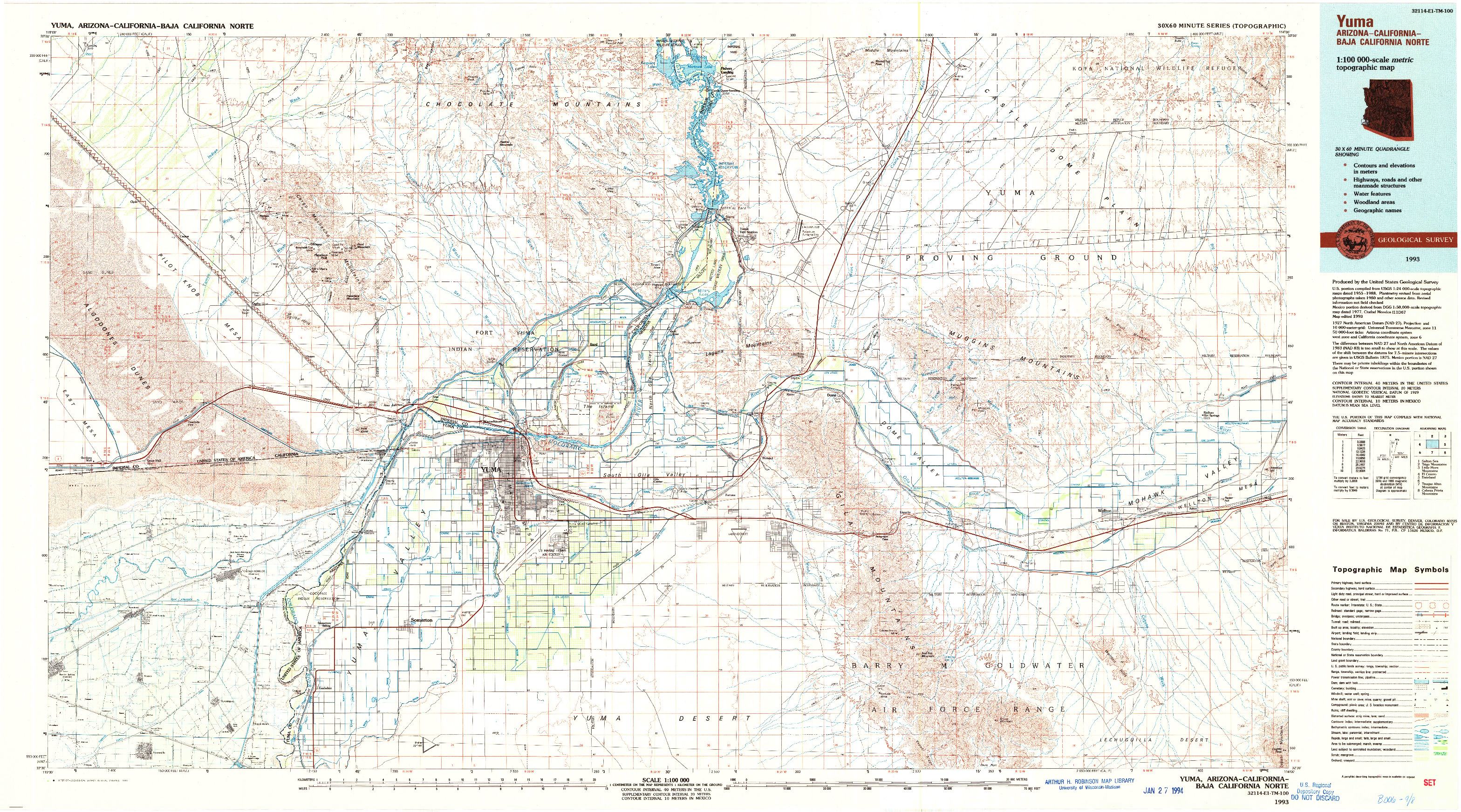 USGS 1:100000-SCALE QUADRANGLE FOR YUMA, AZ 1993