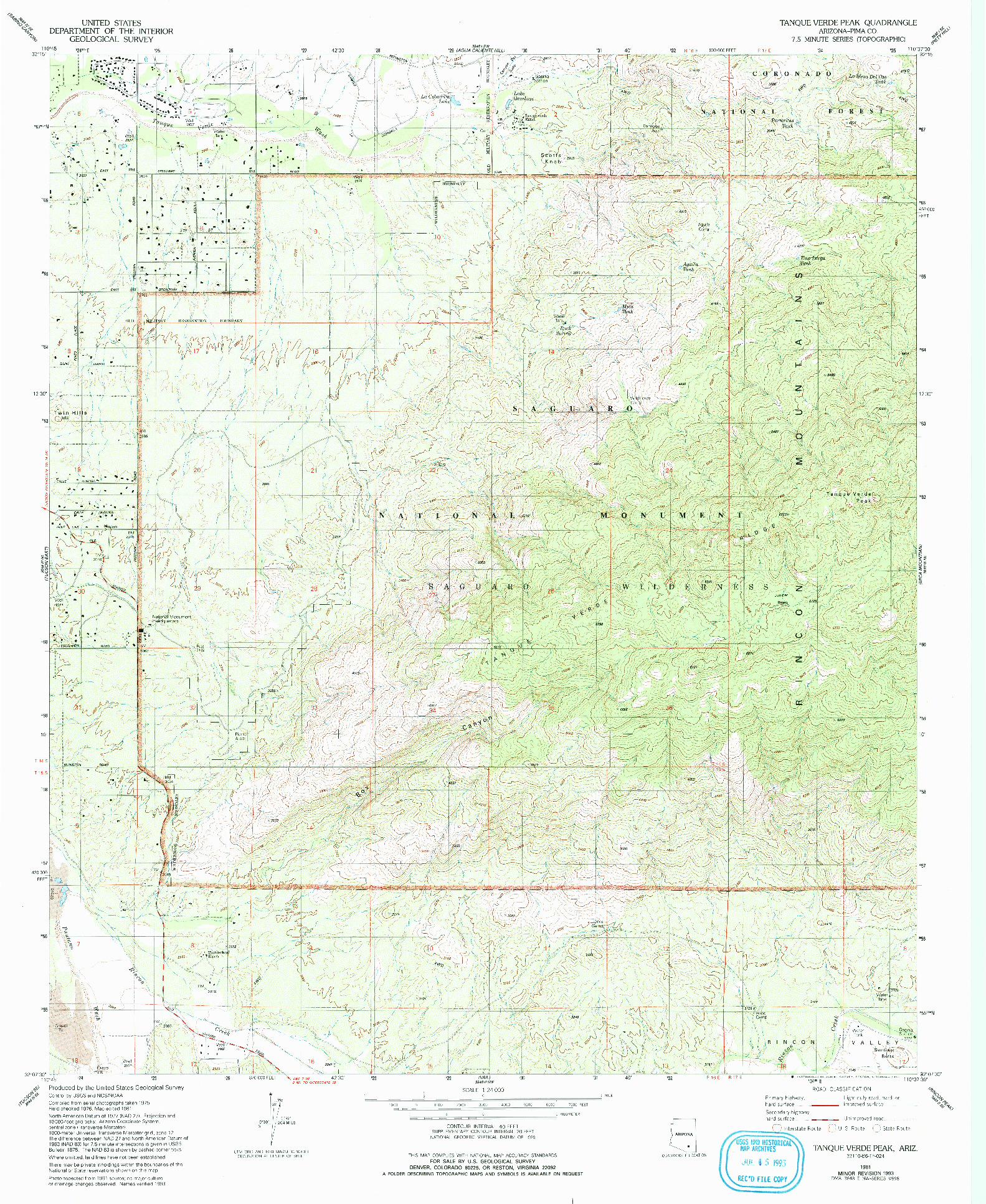 USGS 1:24000-SCALE QUADRANGLE FOR TANQUE VERDE PEAK, AZ 1981