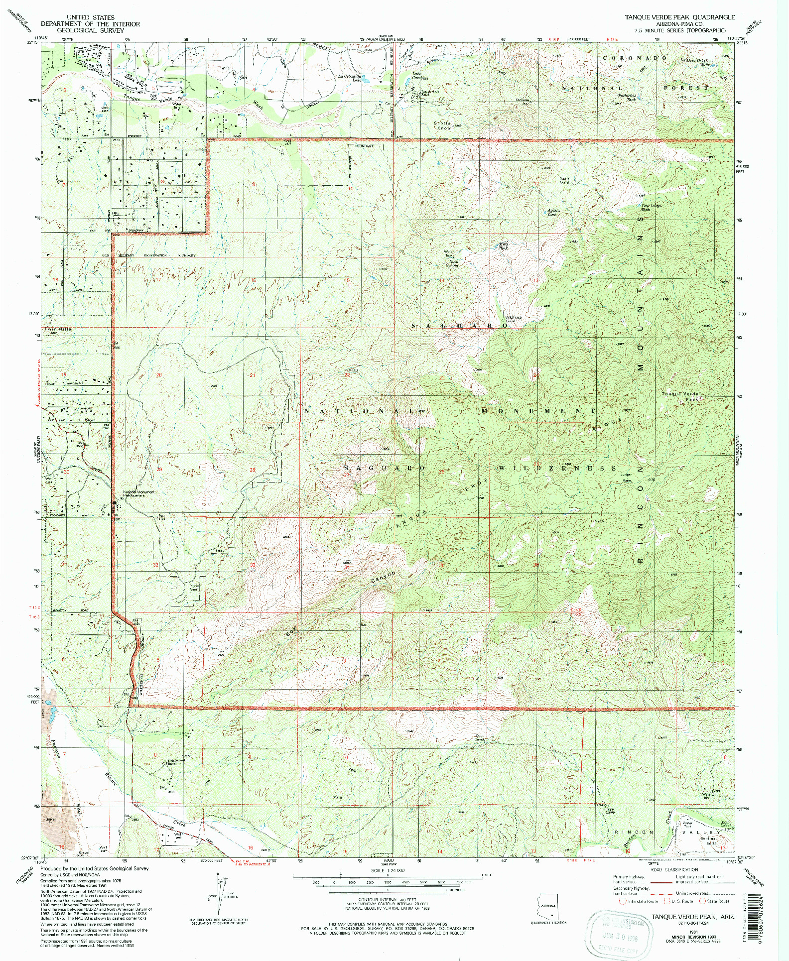 USGS 1:24000-SCALE QUADRANGLE FOR TANQUE VERDE PEAK, AZ 1981