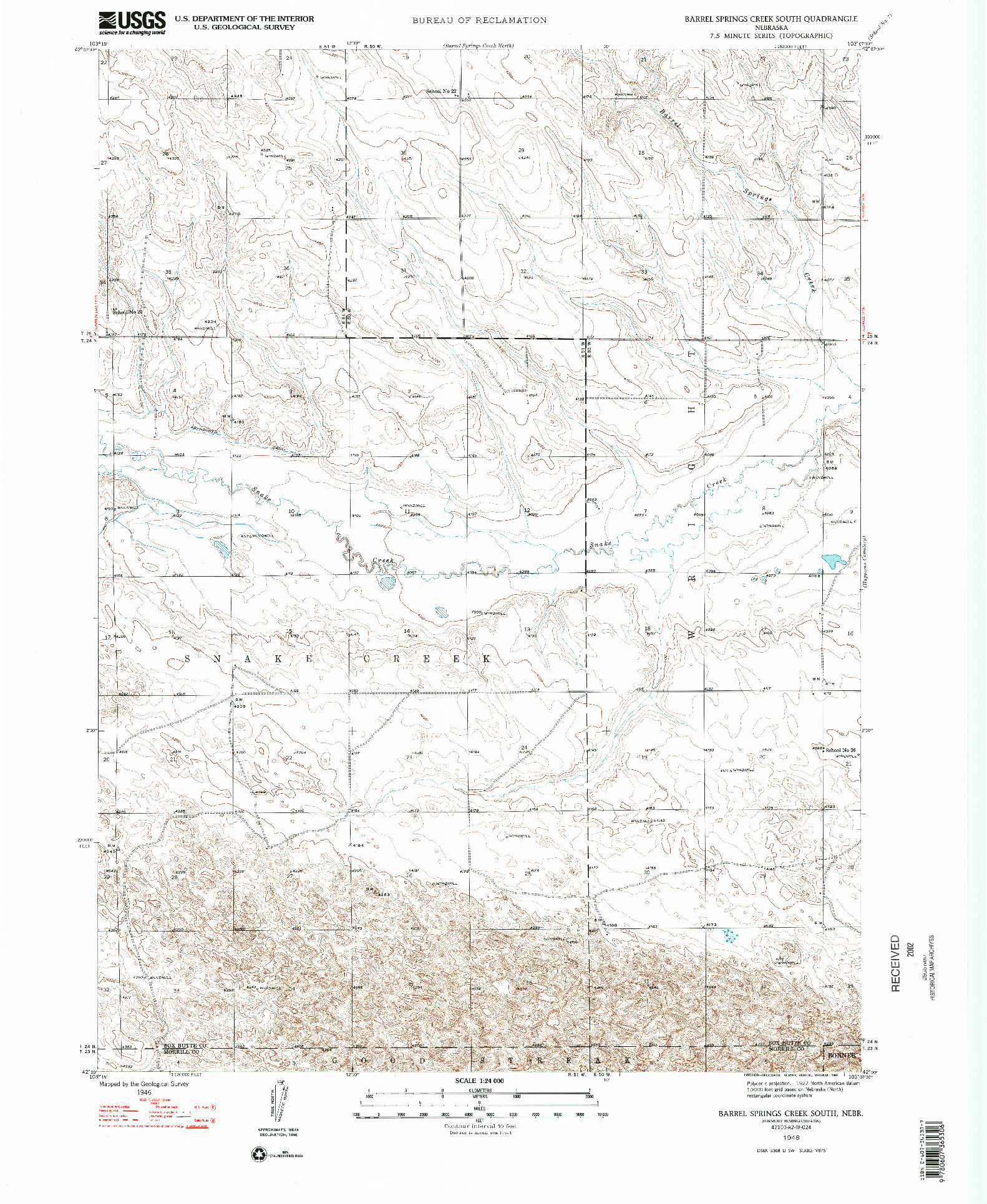 USGS 1:24000-SCALE QUADRANGLE FOR BARREL SPRINGS CREEK SOUTH, NE 1948
