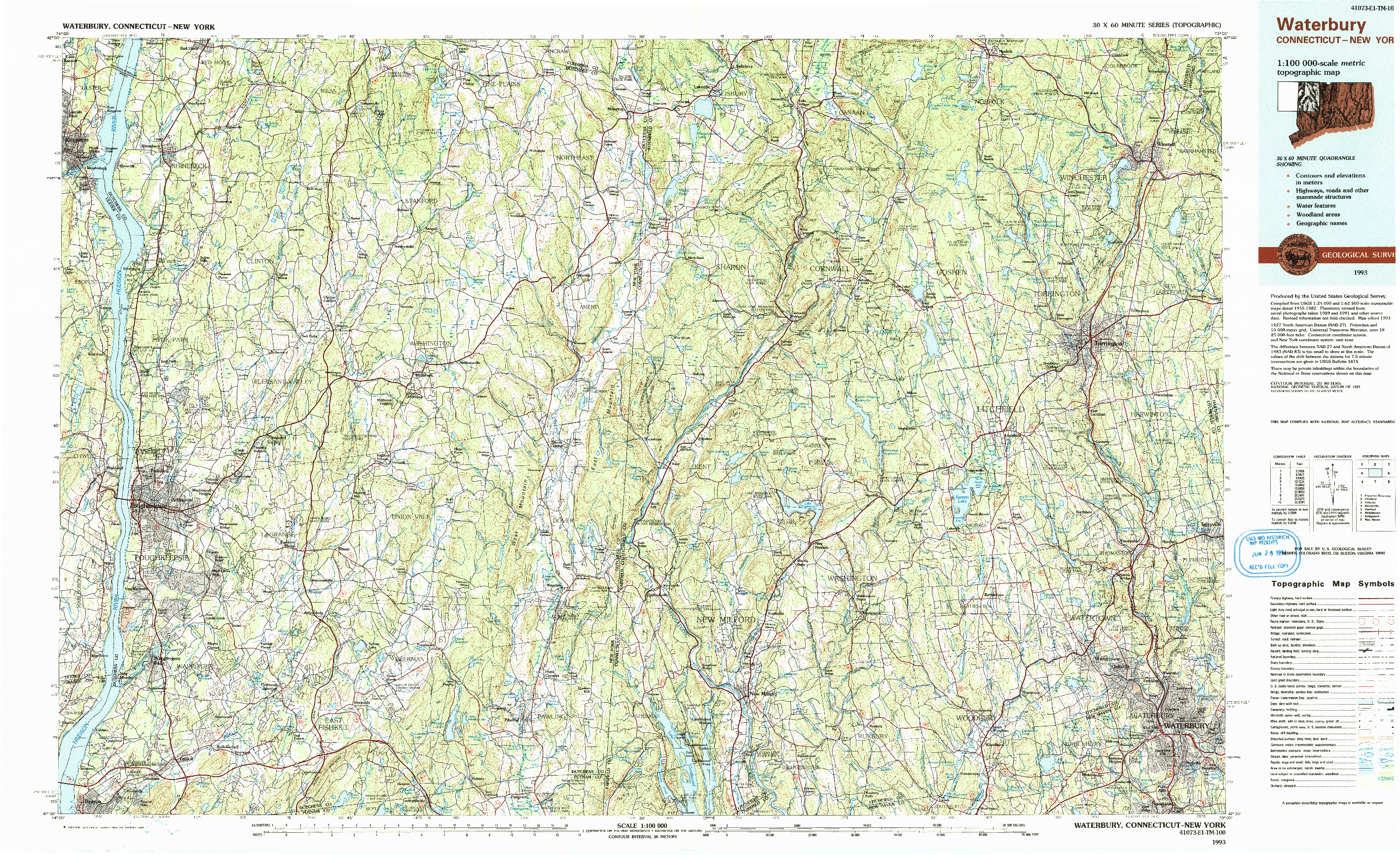 USGS 1:100000-SCALE QUADRANGLE FOR WATERBURY, CT 1993