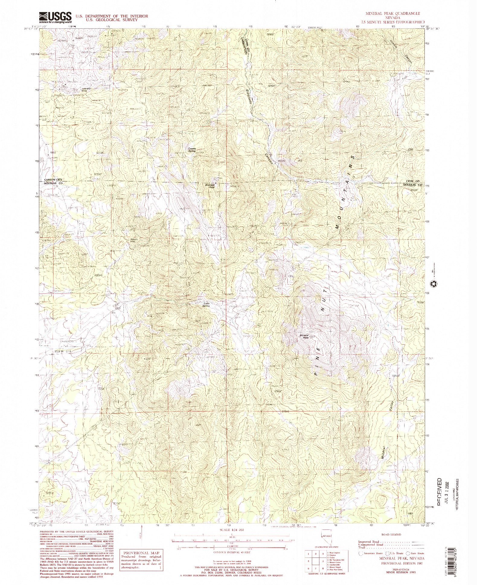 USGS 1:24000-SCALE QUADRANGLE FOR MINERAL PEAK, NV 1987