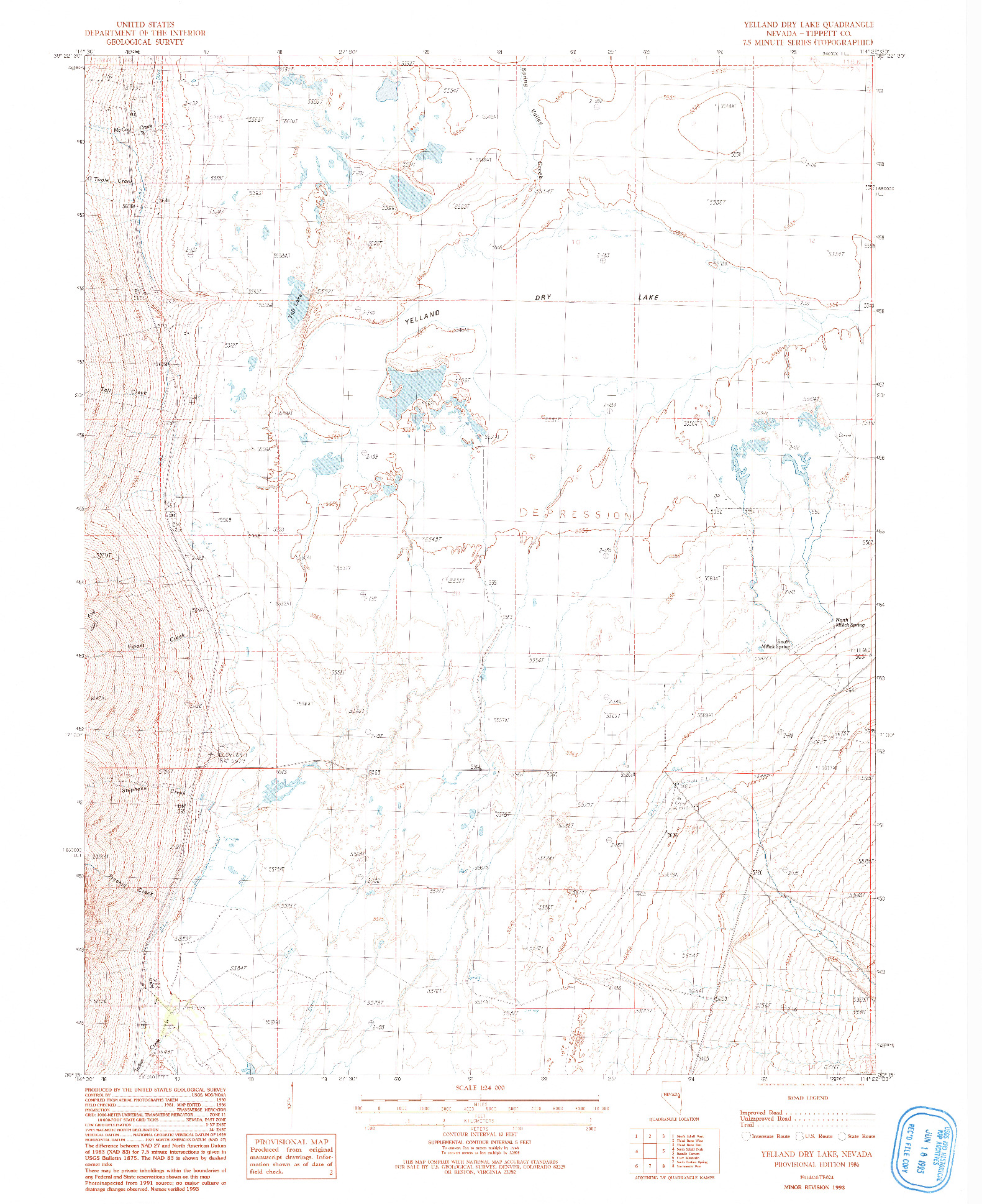 USGS 1:24000-SCALE QUADRANGLE FOR YELLAND DRY LAKE, NV 1986