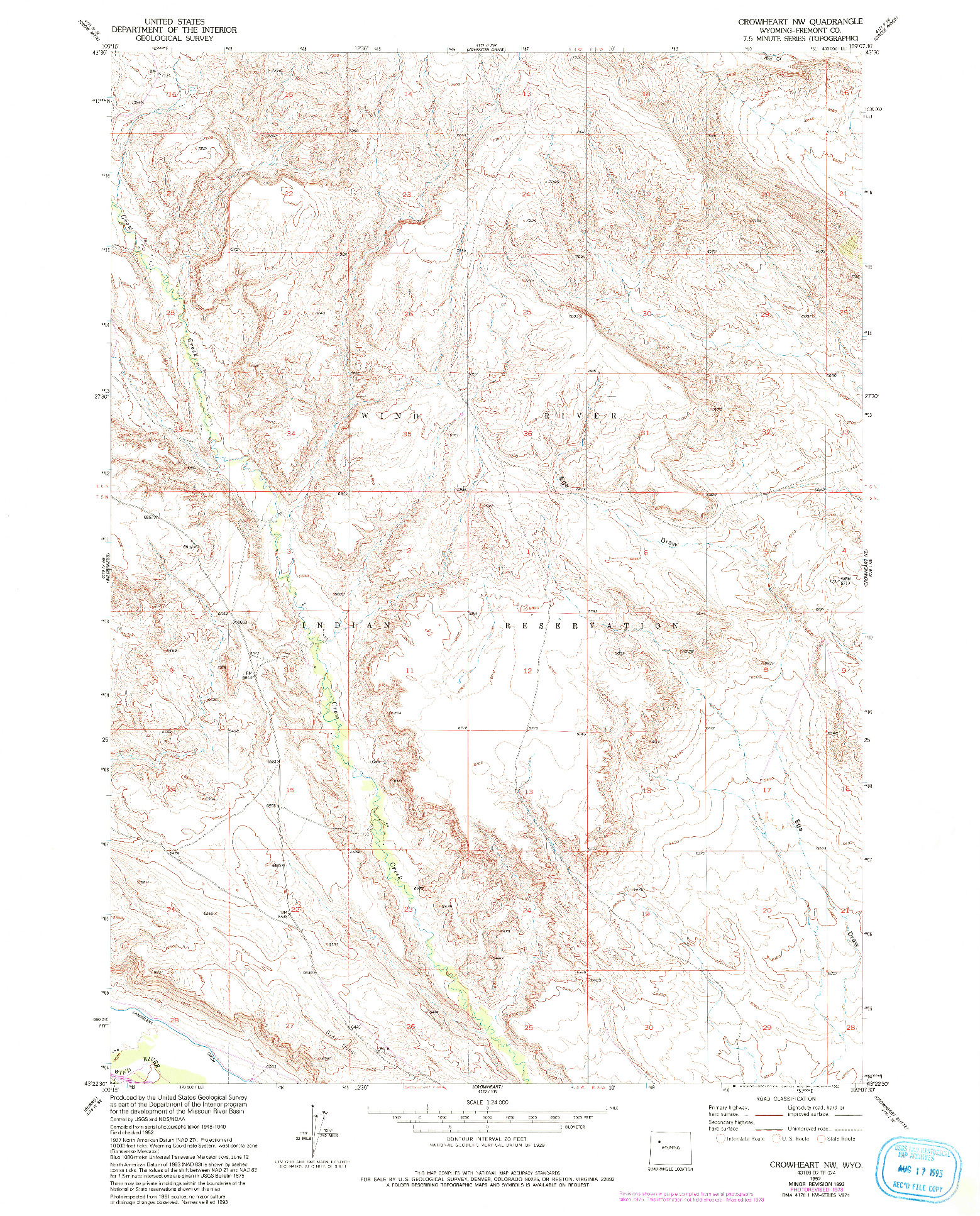 USGS 1:24000-SCALE QUADRANGLE FOR CROWHEART NW, WY 1952