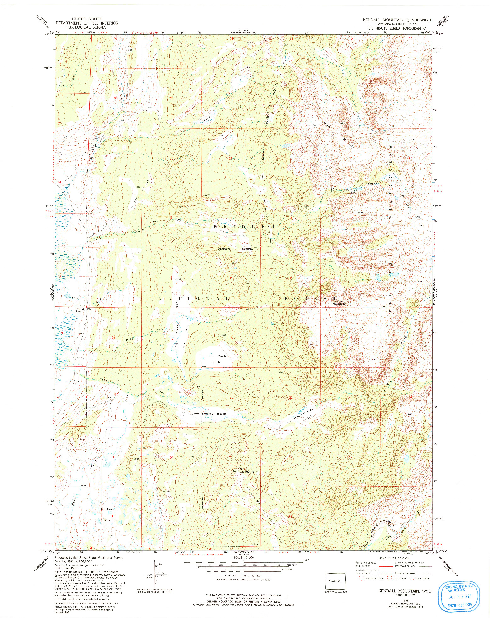 USGS 1:24000-SCALE QUADRANGLE FOR KENDALL MOUNTAIN, WY 1968