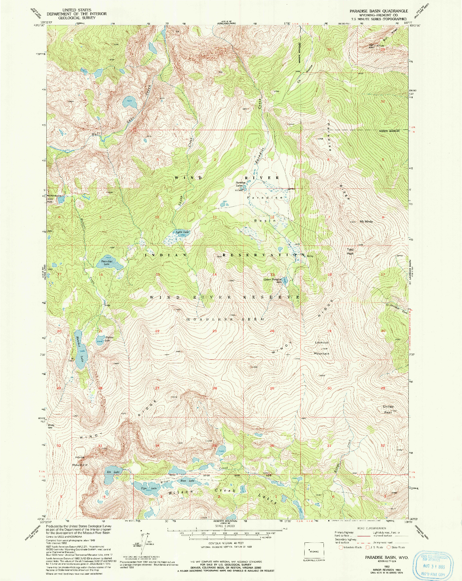 USGS 1:24000-SCALE QUADRANGLE FOR PARADISE BASIN, WY 1952