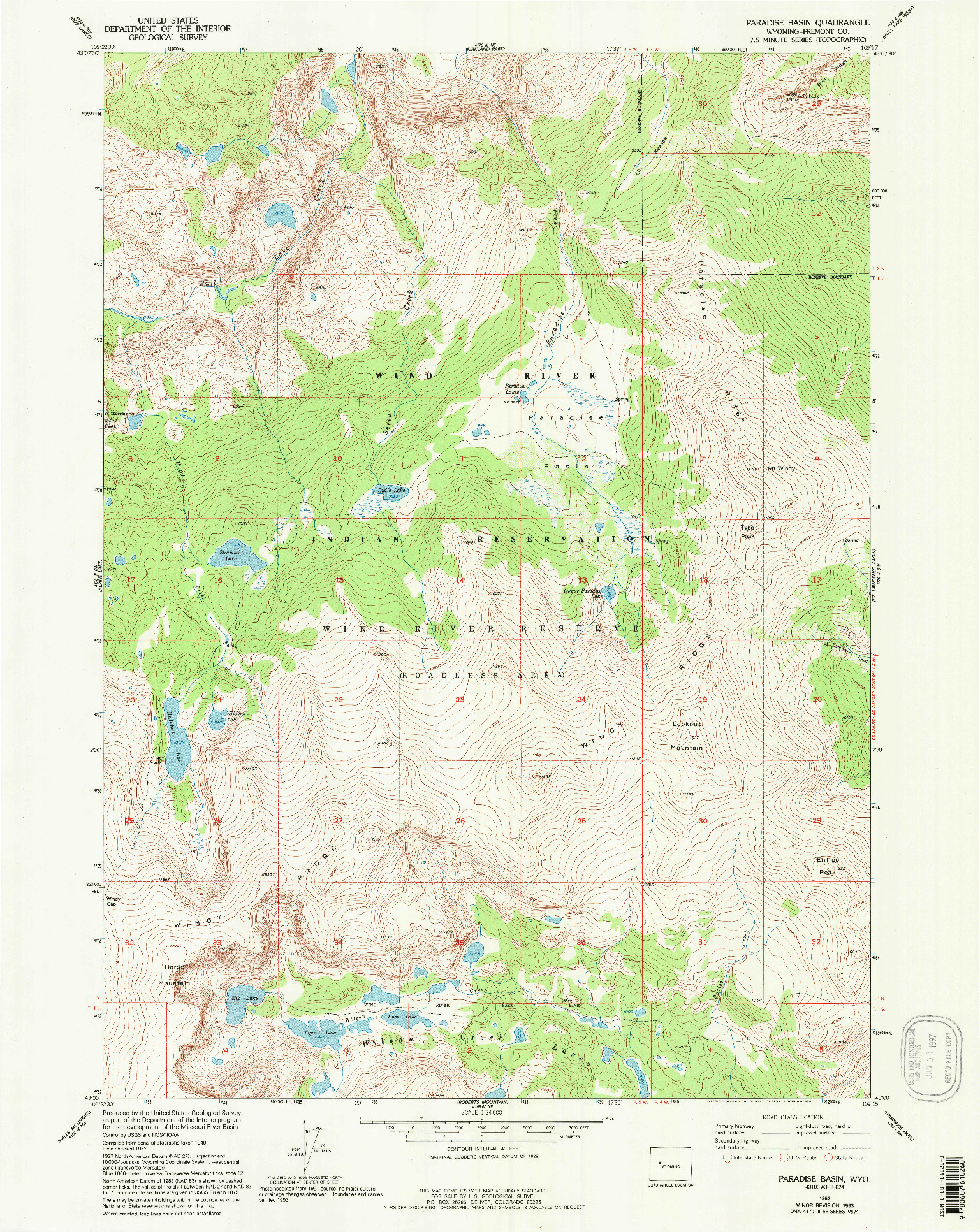 USGS 1:24000-SCALE QUADRANGLE FOR PARADISE BASIN, WY 1952