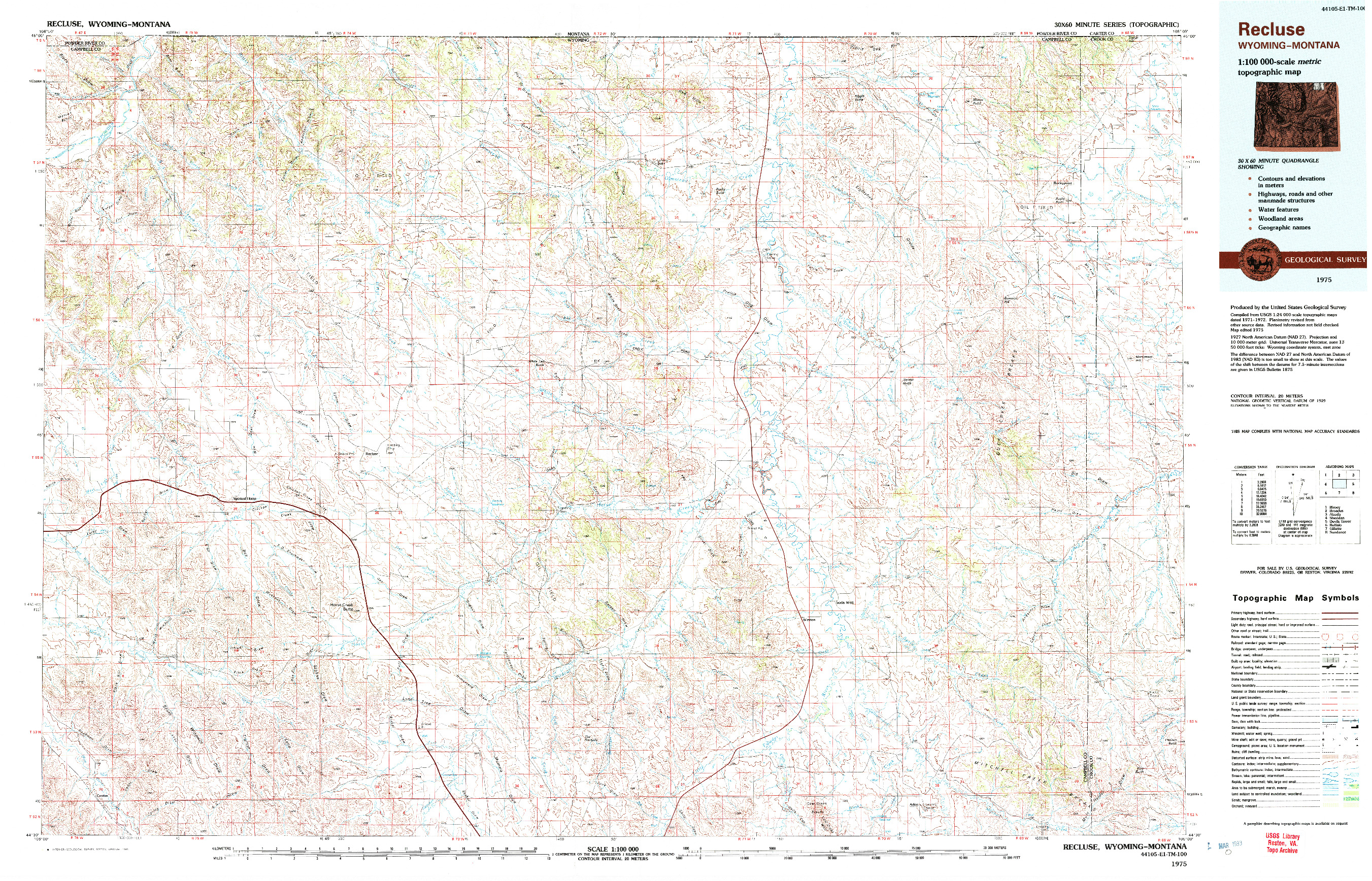 USGS 1:100000-SCALE QUADRANGLE FOR RECLUSE, WY 1975