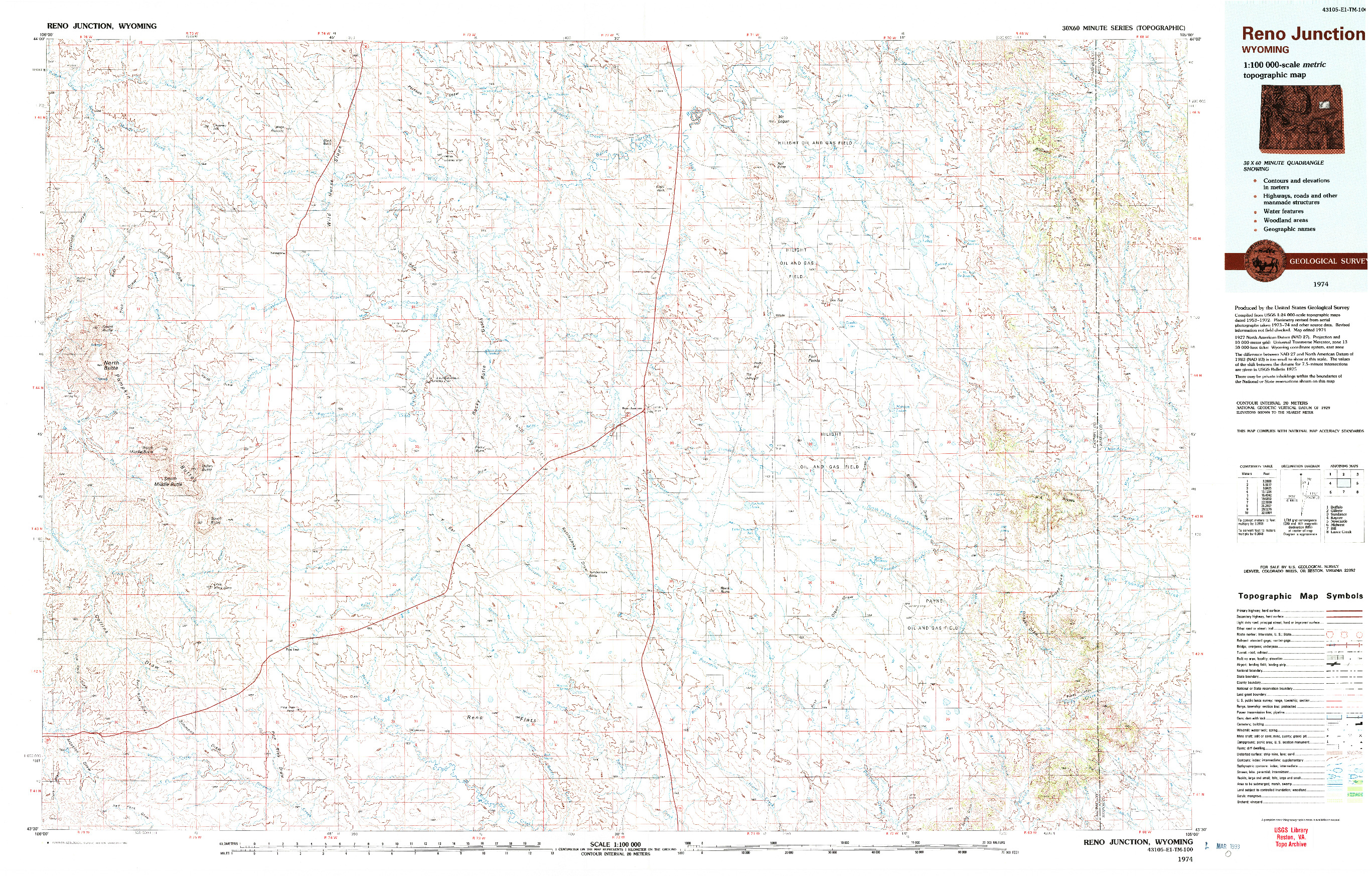 USGS 1:100000-SCALE QUADRANGLE FOR RENO JUNCTION, WY 1974